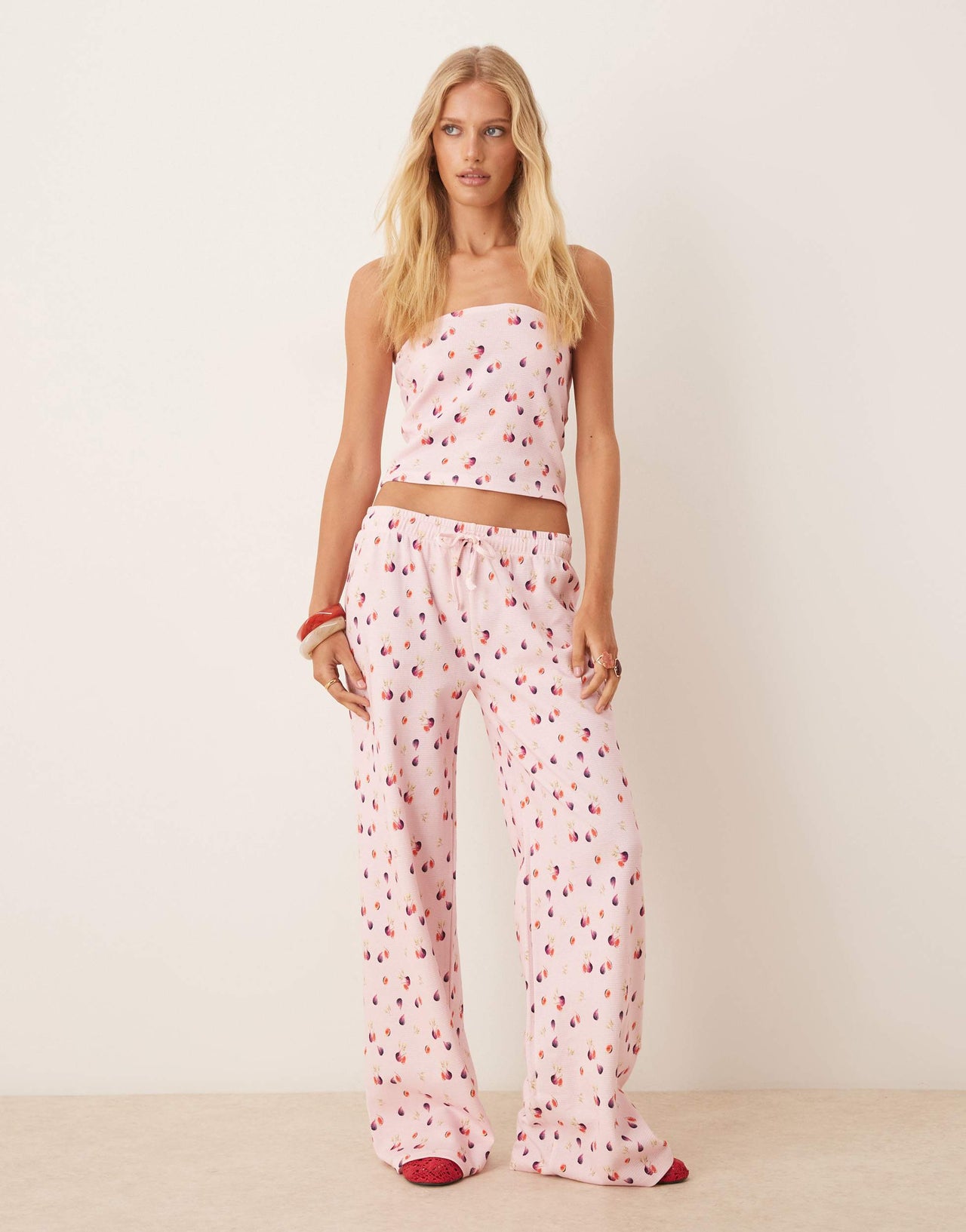 ASOS DESIGN co-ord waffle bandeau in pink ditsy floral