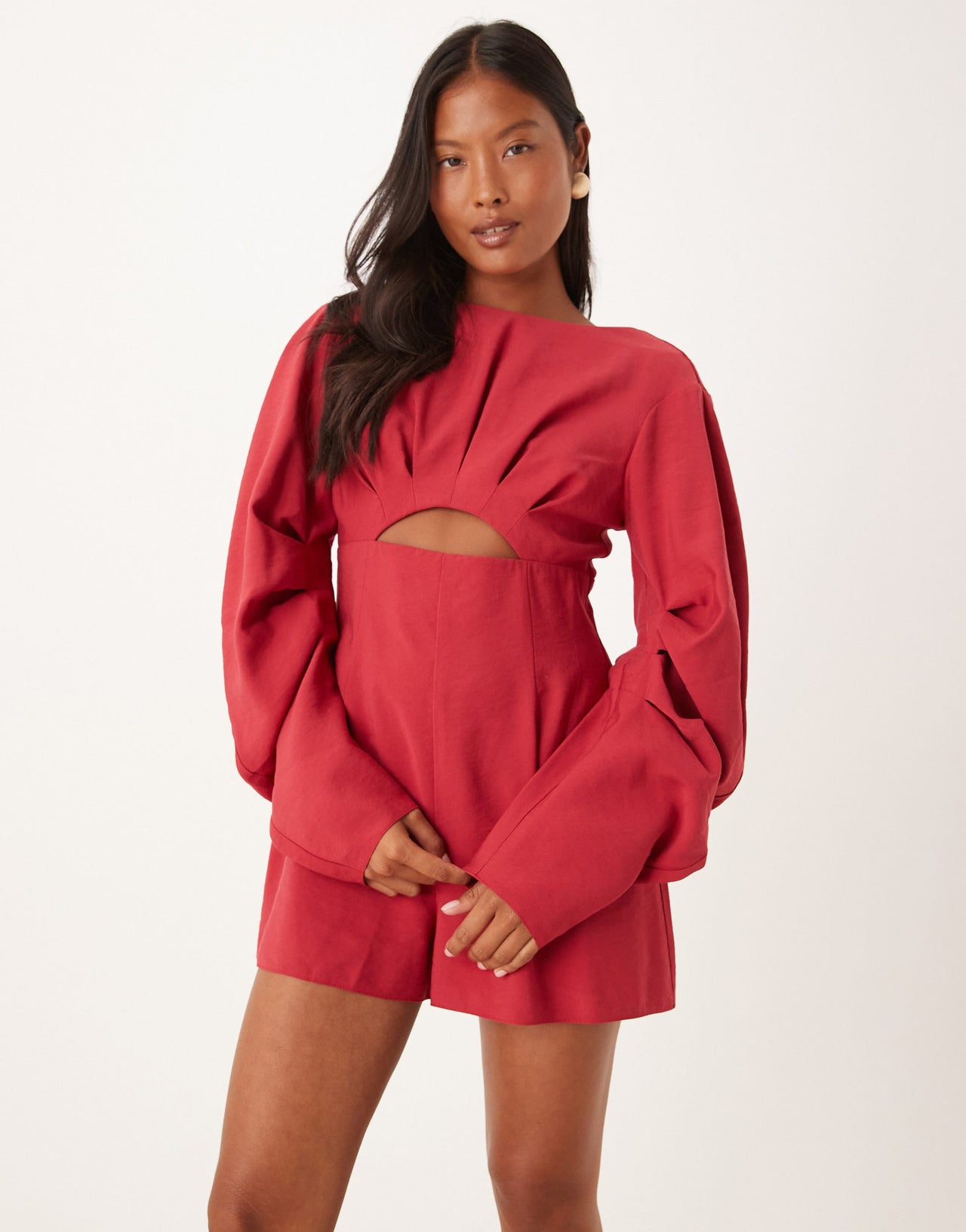 ASOS DESIGN Petite curved sleeve playsuit with pleating detail in raspberry