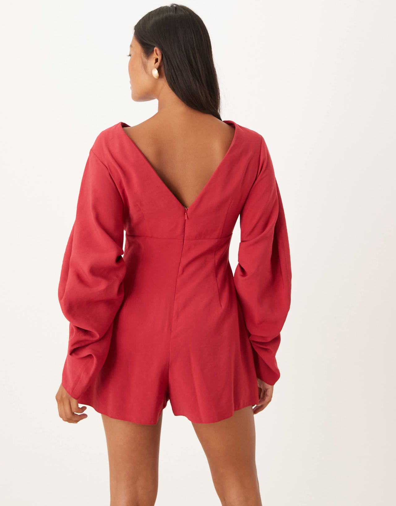 ASOS DESIGN Petite curved sleeve playsuit with pleating detail in raspberry