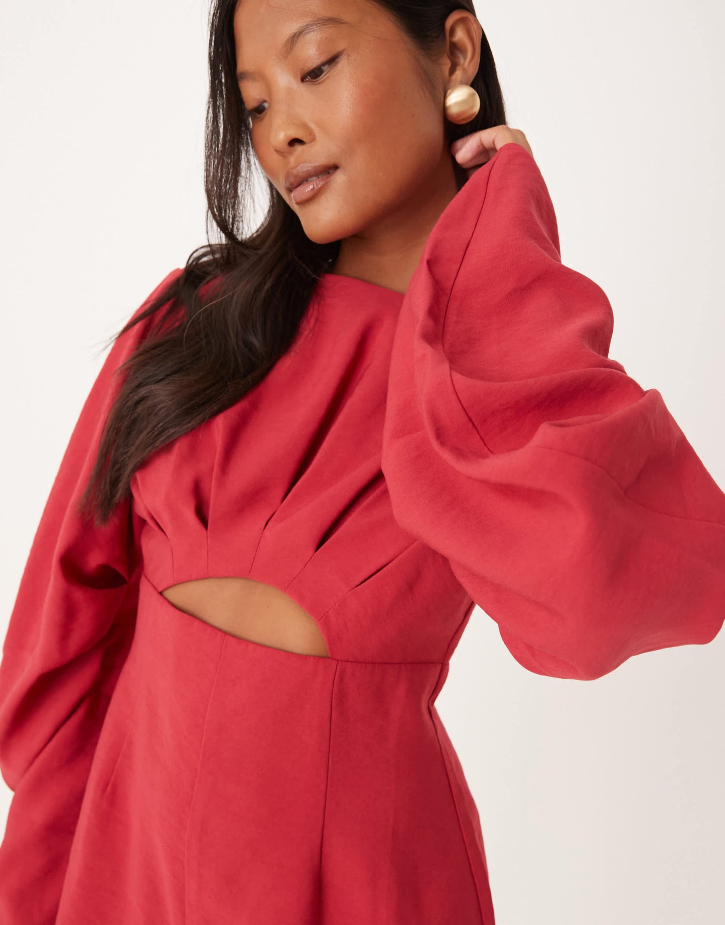 ASOS DESIGN Petite curved sleeve playsuit with pleating detail in raspberry