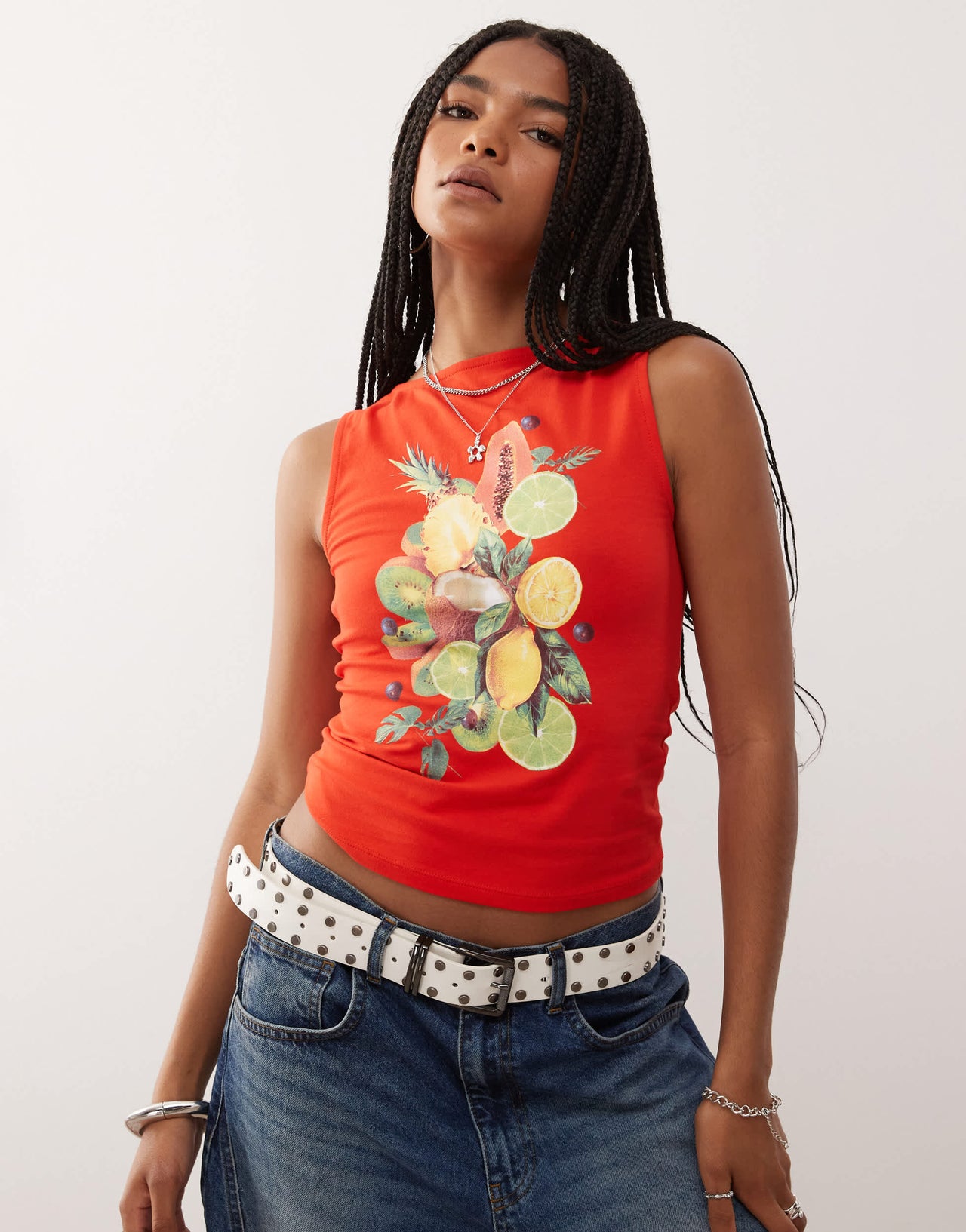 COLLUSION fruit print slash neck top in red