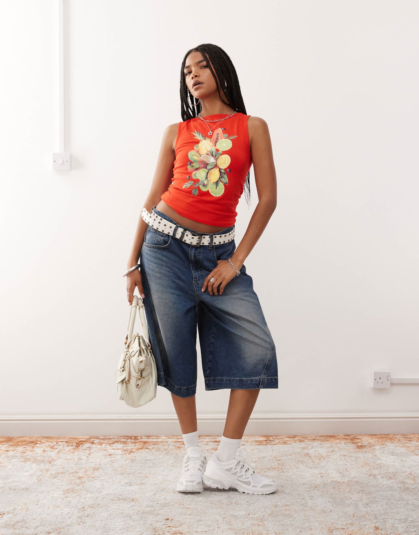 COLLUSION fruit print slash neck top in red