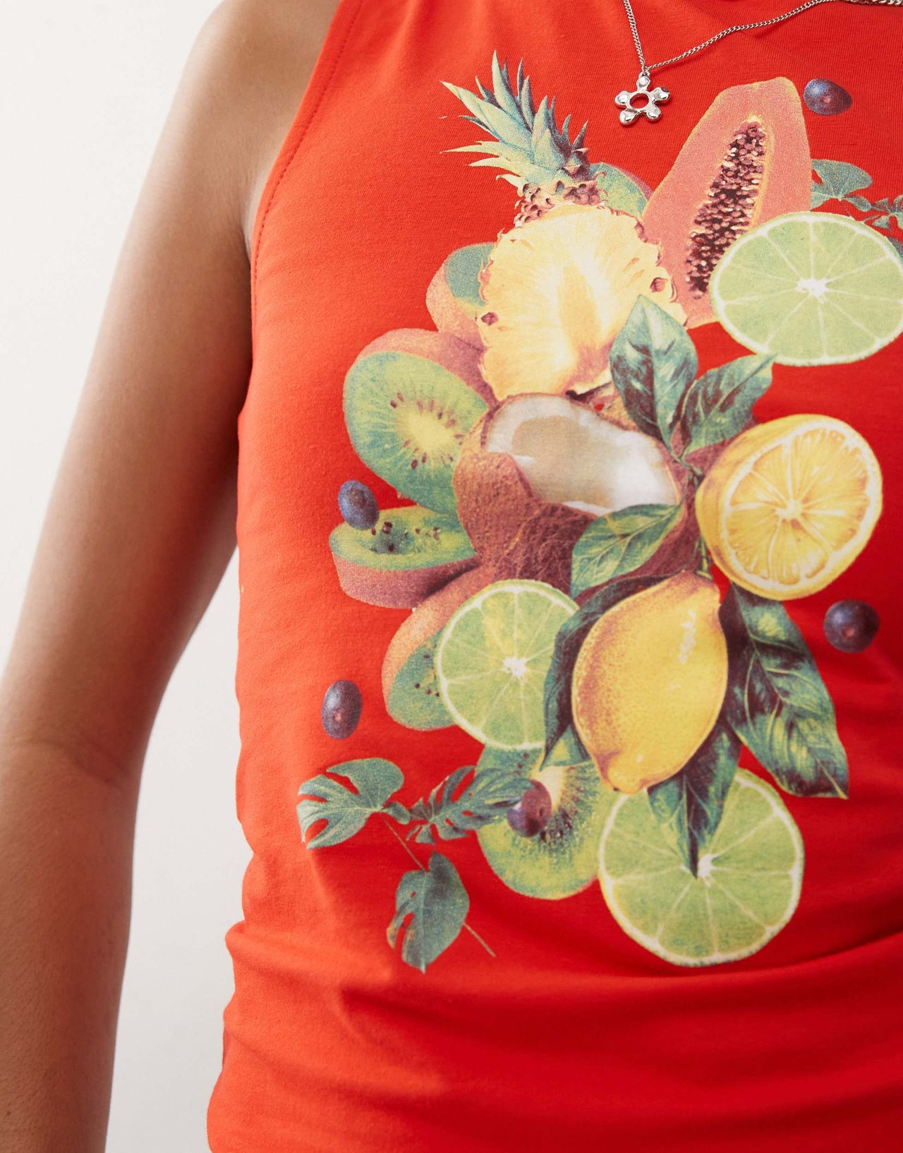 COLLUSION fruit print slash neck top in red