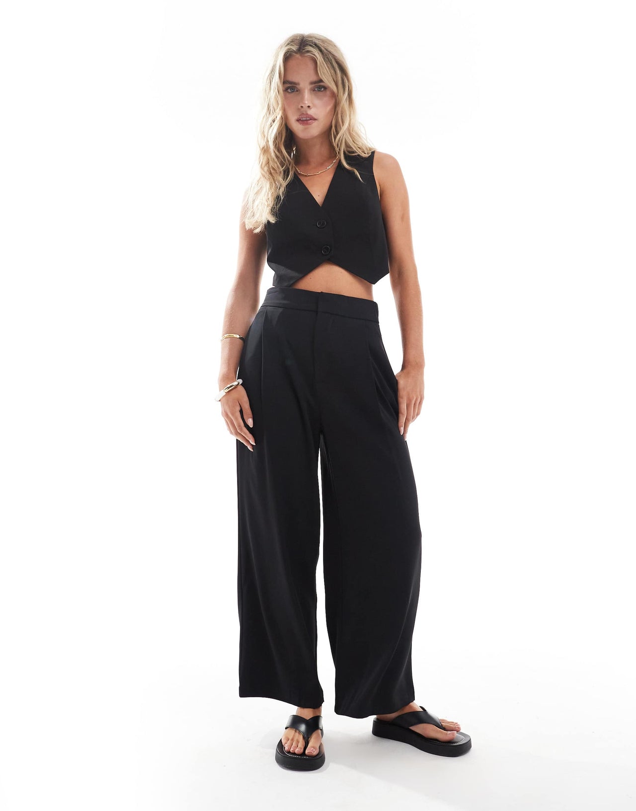 Stradivarius Petite cropped tailored trouser in black