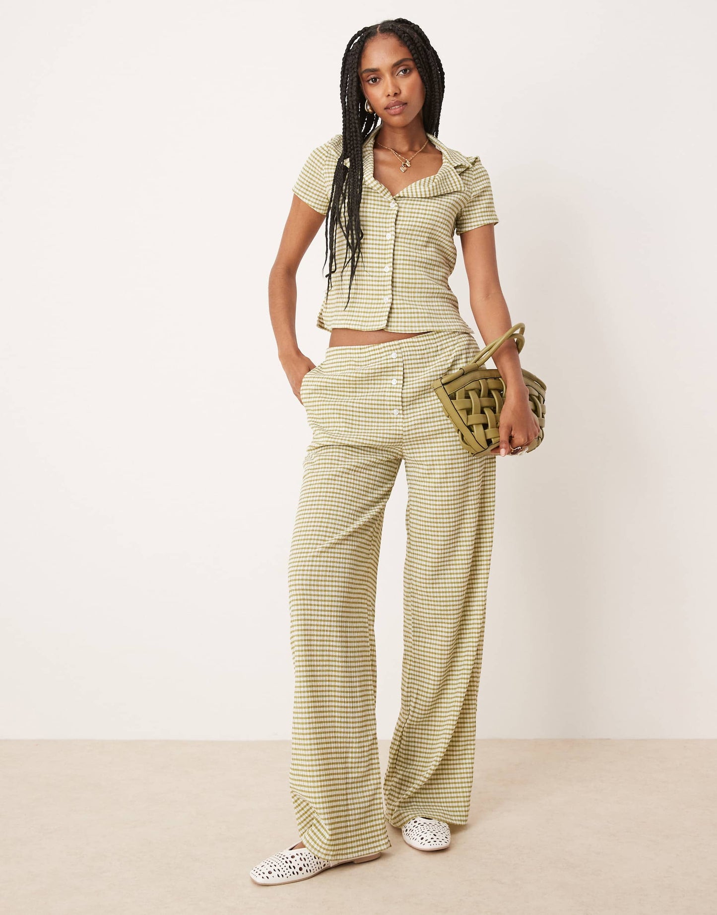 ASOS DESIGN button detail wide leg trouser co-ord in green gingham