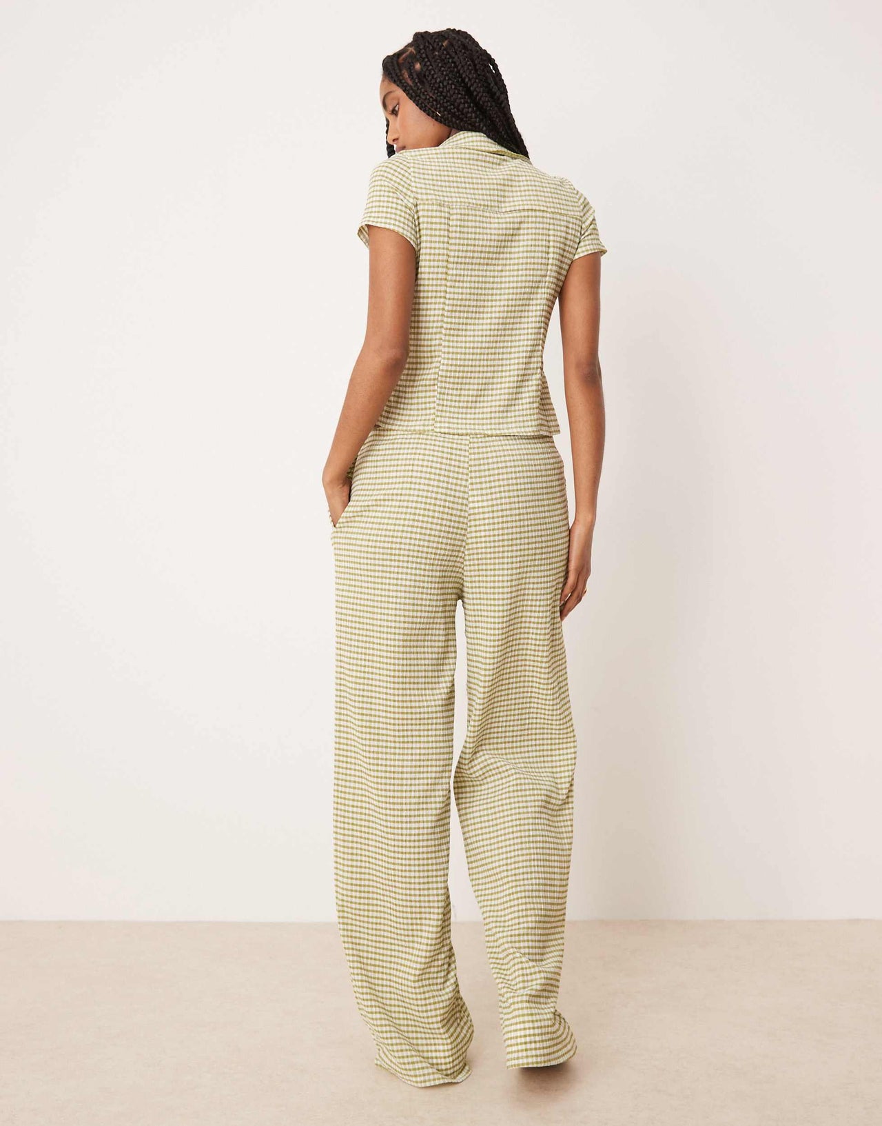ASOS DESIGN button detail wide leg trouser co-ord in green gingham