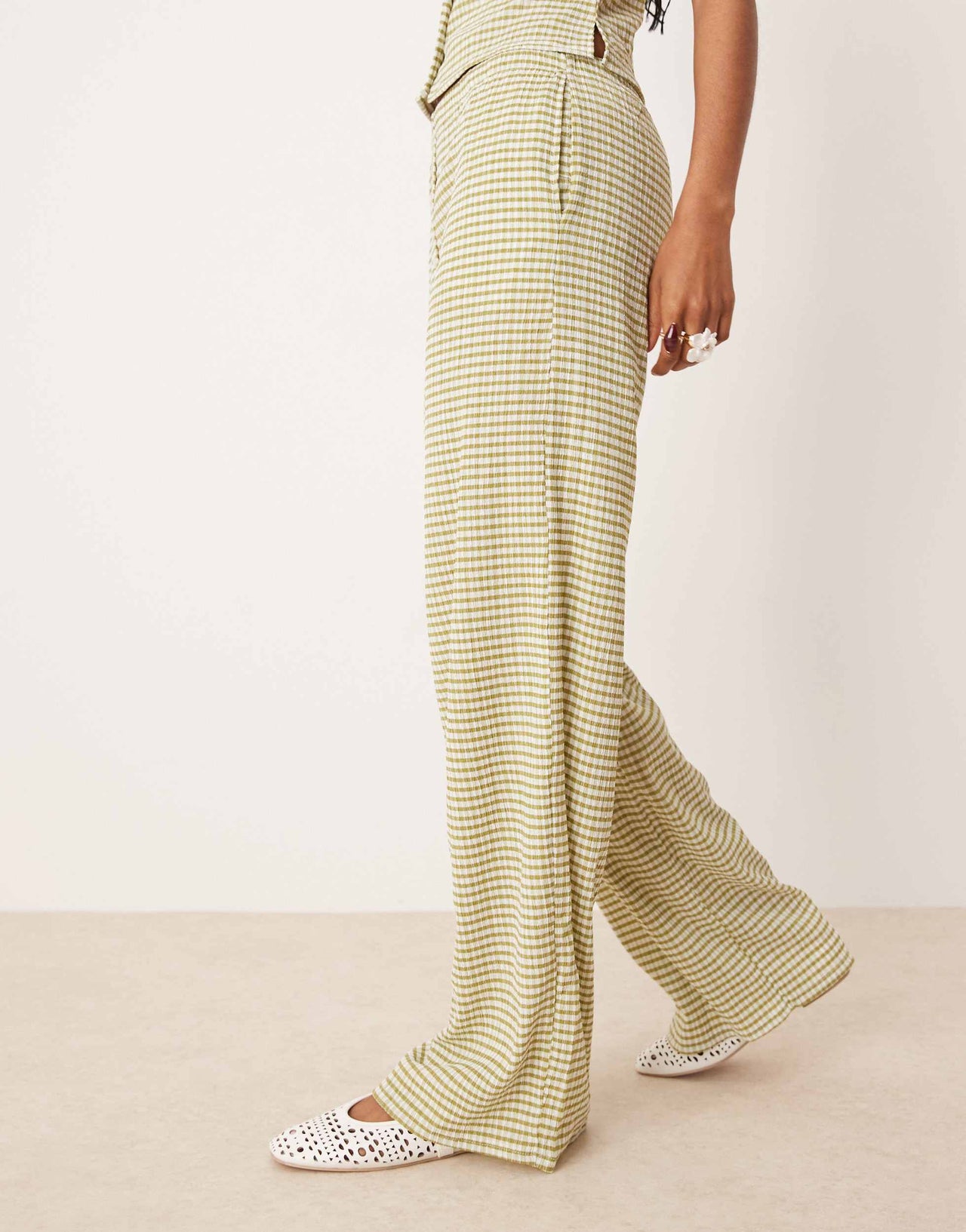 ASOS DESIGN button detail wide leg trouser co-ord in green gingham
