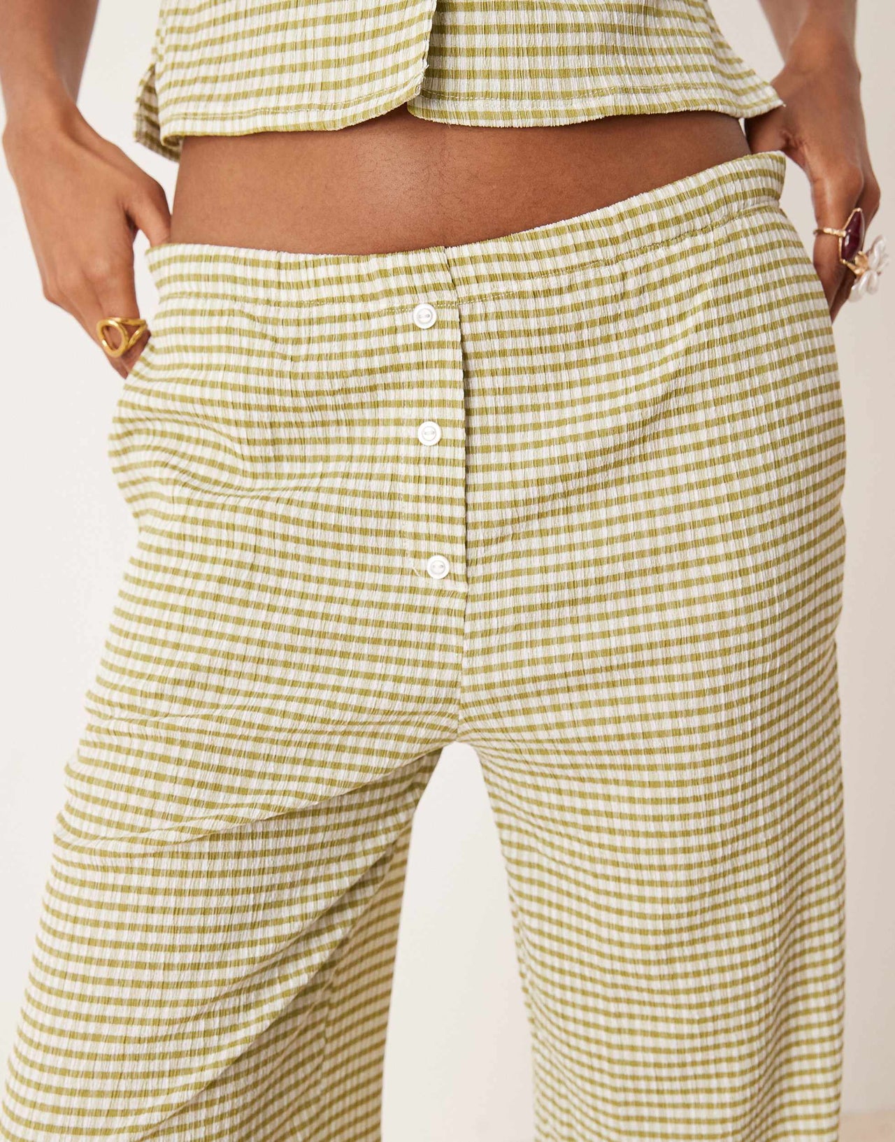 ASOS DESIGN button detail wide leg trouser co-ord in green gingham