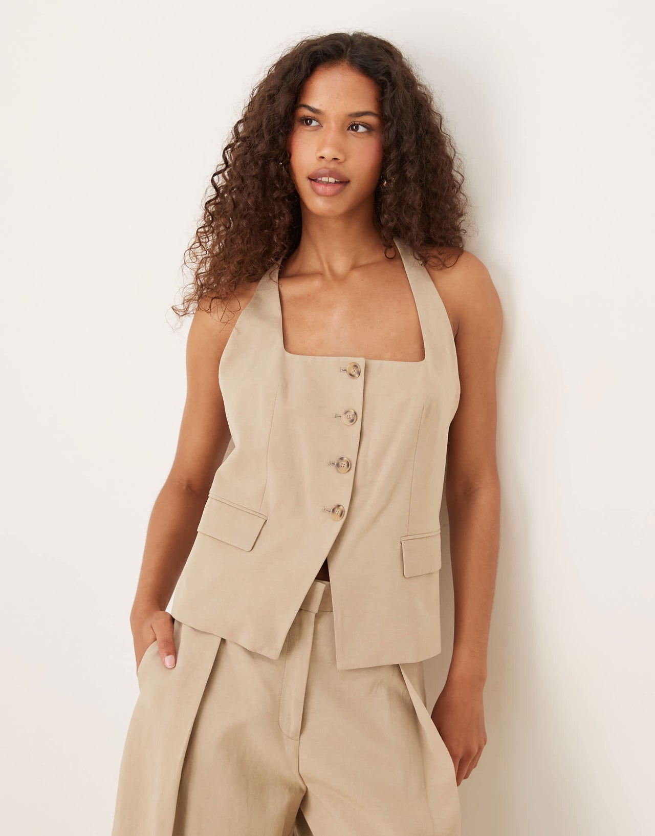 Mango cotton mix tailored halter waistcoat co-ord in stone
