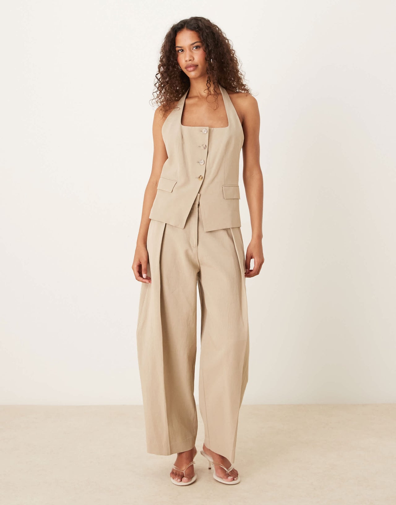 Mango cotton mix tailored halter waistcoat co-ord in stone