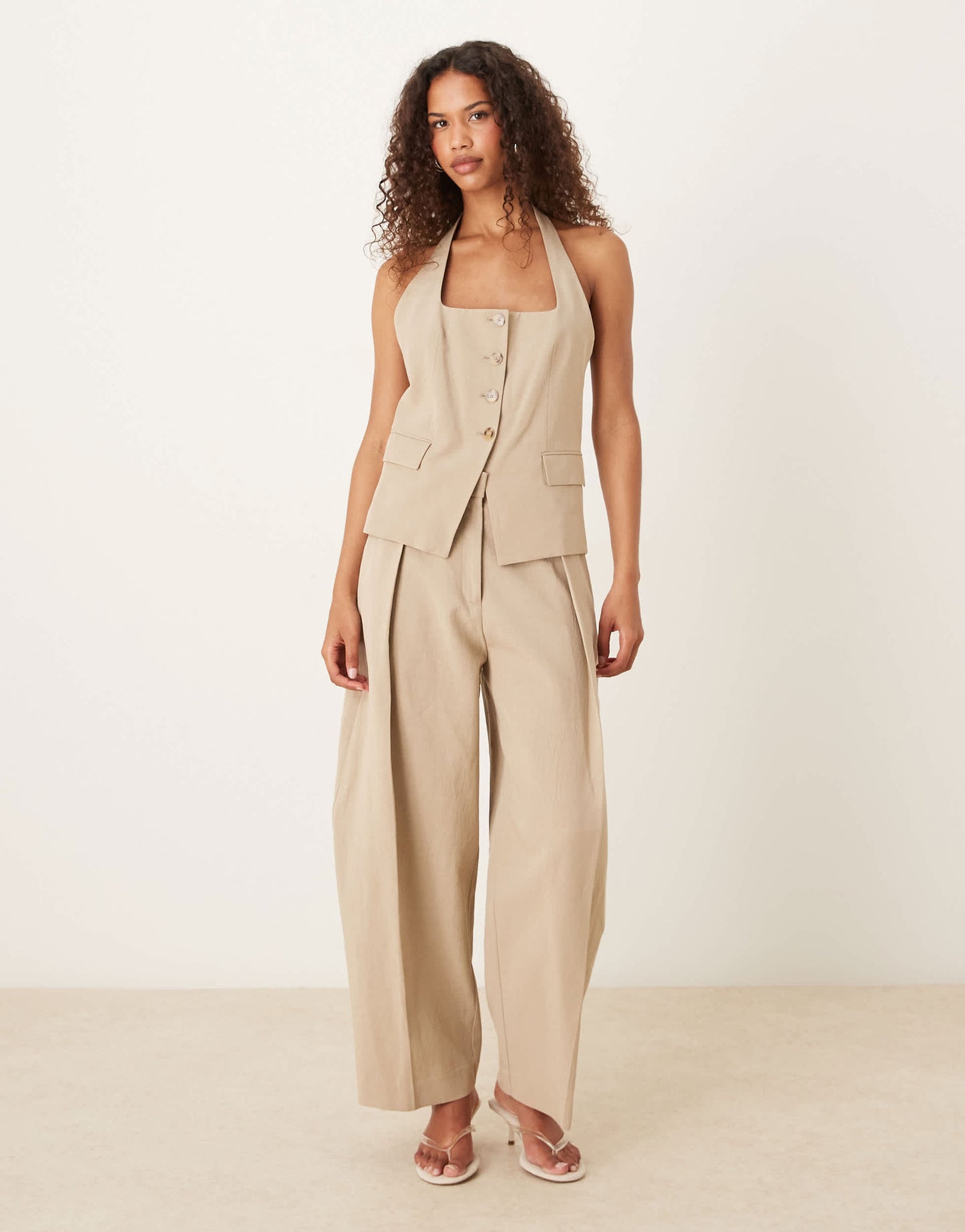 Mango cotton mix tailored halter waistcoat co-ord in stone