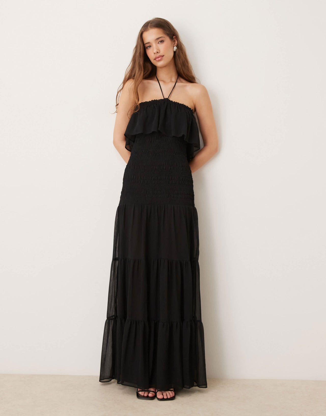 Mango halter chiffon maxi dress in black