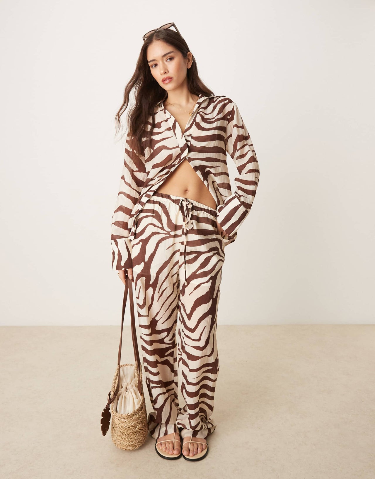 Mango straight leg trouser co-ord in brown zebra print