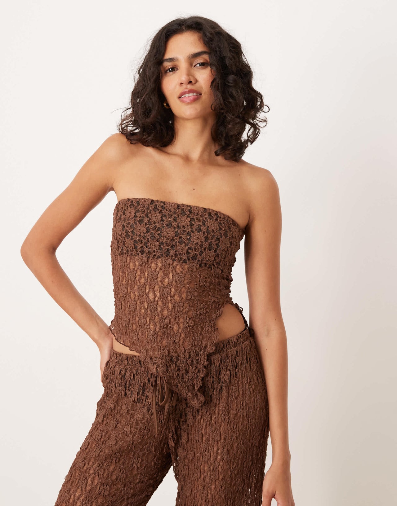 ASOS DESIGN mesh asymmetric bandeau with split side in brown