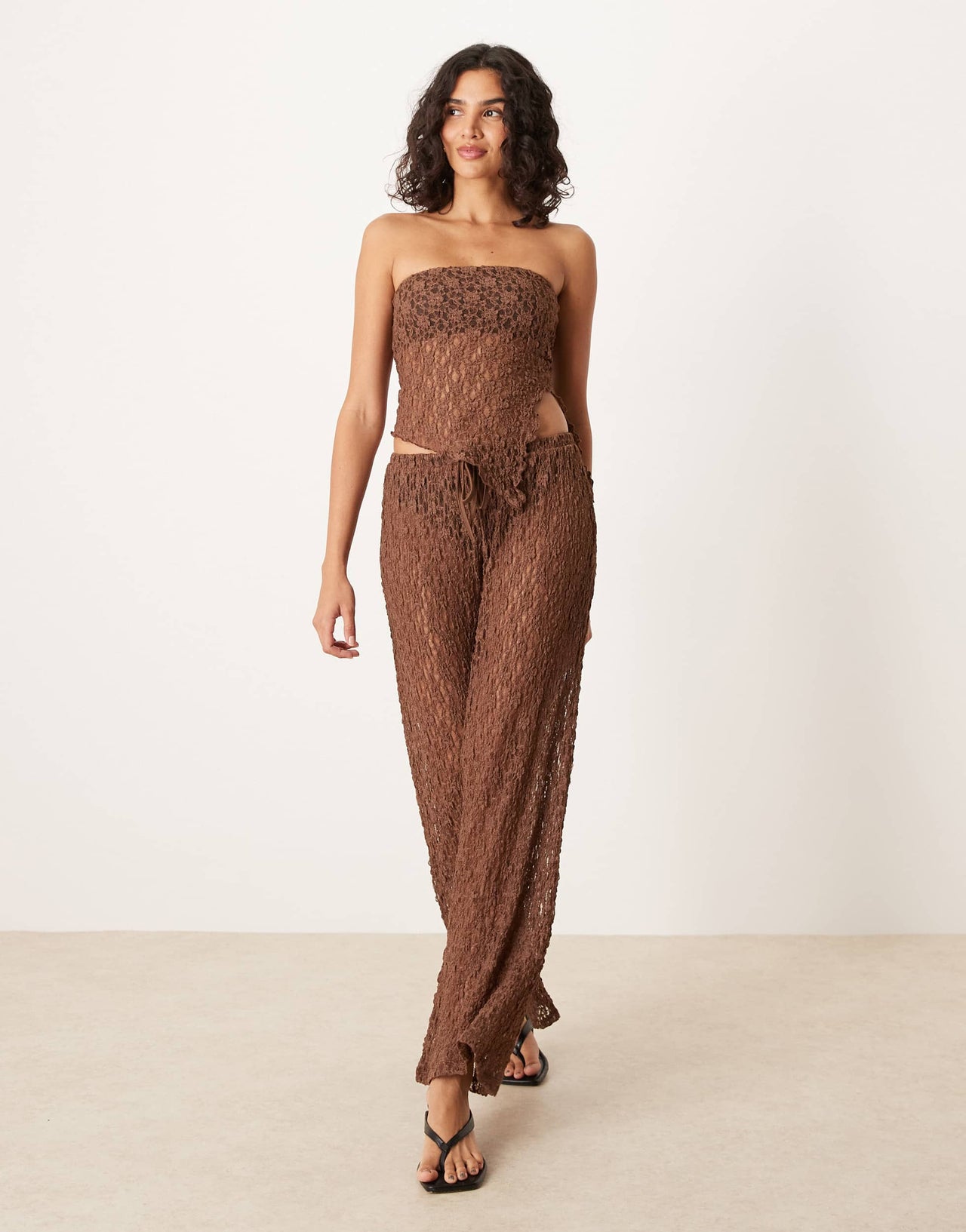 ASOS DESIGN mesh asymmetric bandeau with split side in brown