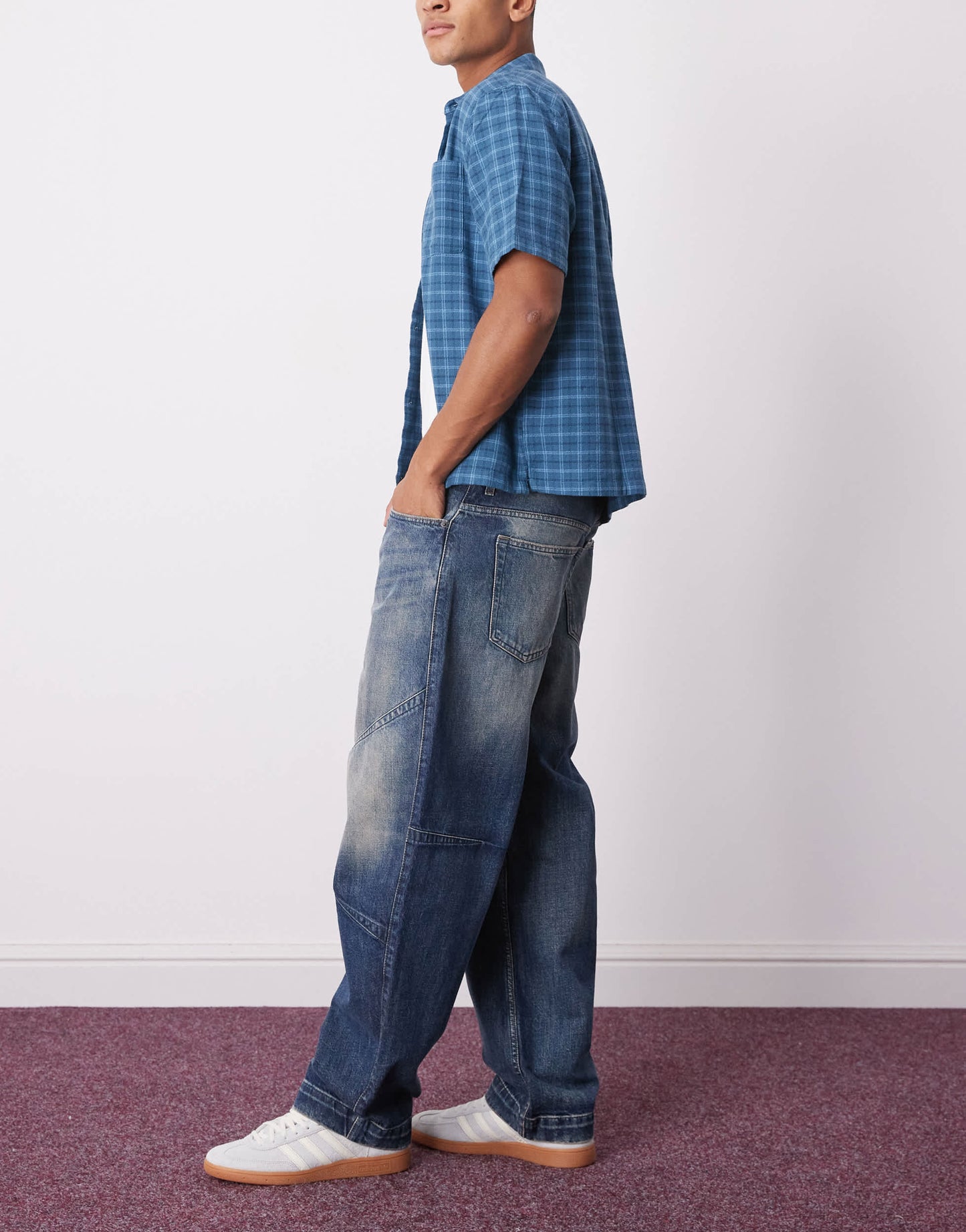 Weekday low waist loose fit barrel leg jeans with dart shaping in washed blue