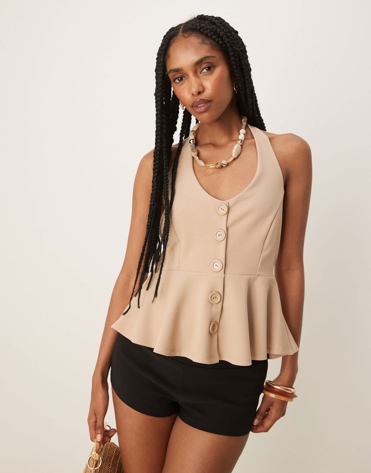 ASOS DESIGN cinched waist halter button through longline waistcoat in stone