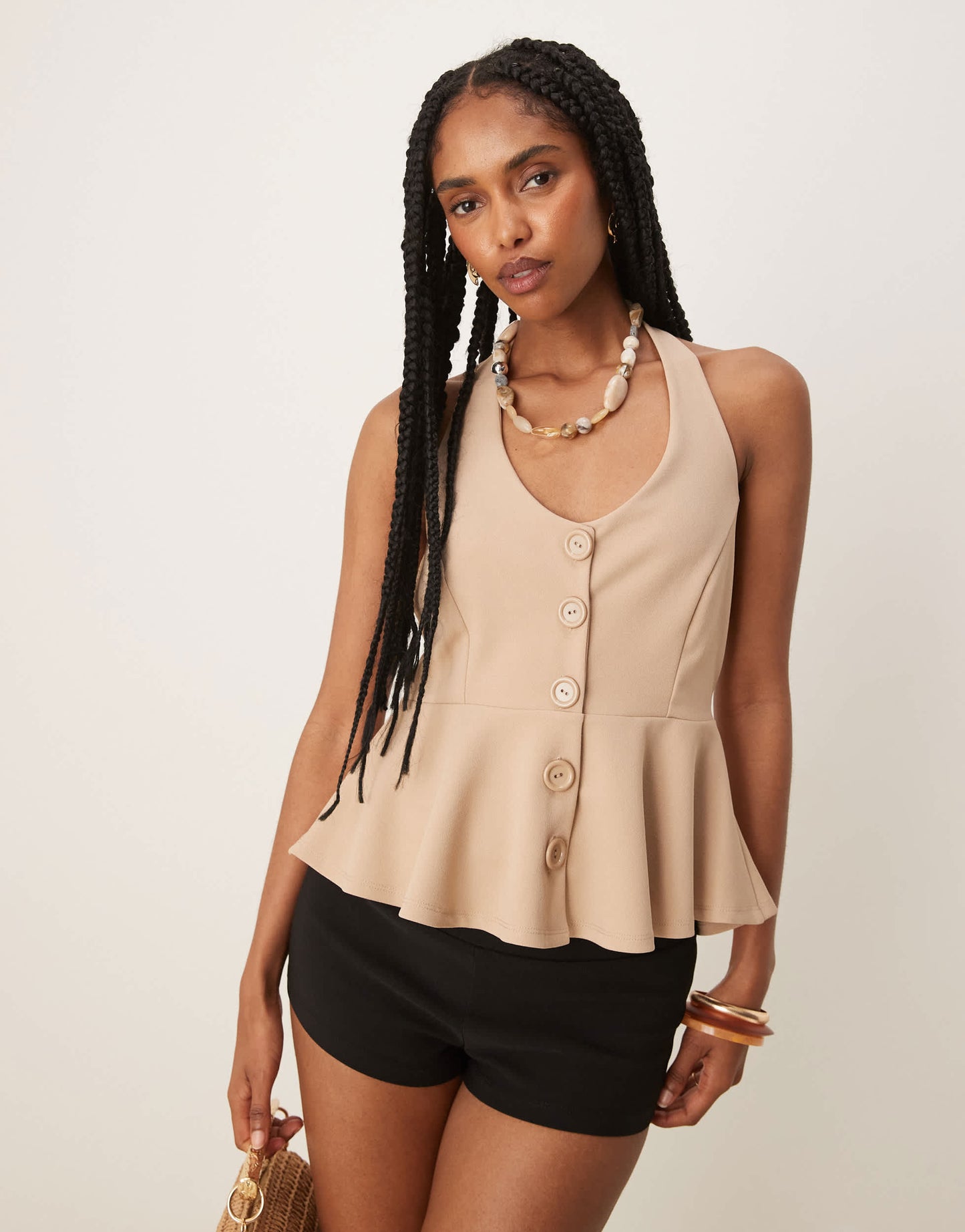 ASOS DESIGN cinched waist halter button through longline waistcoat in stone