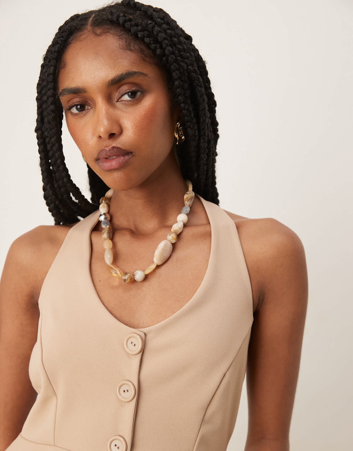 ASOS DESIGN cinched waist halter button through longline waistcoat in stone
