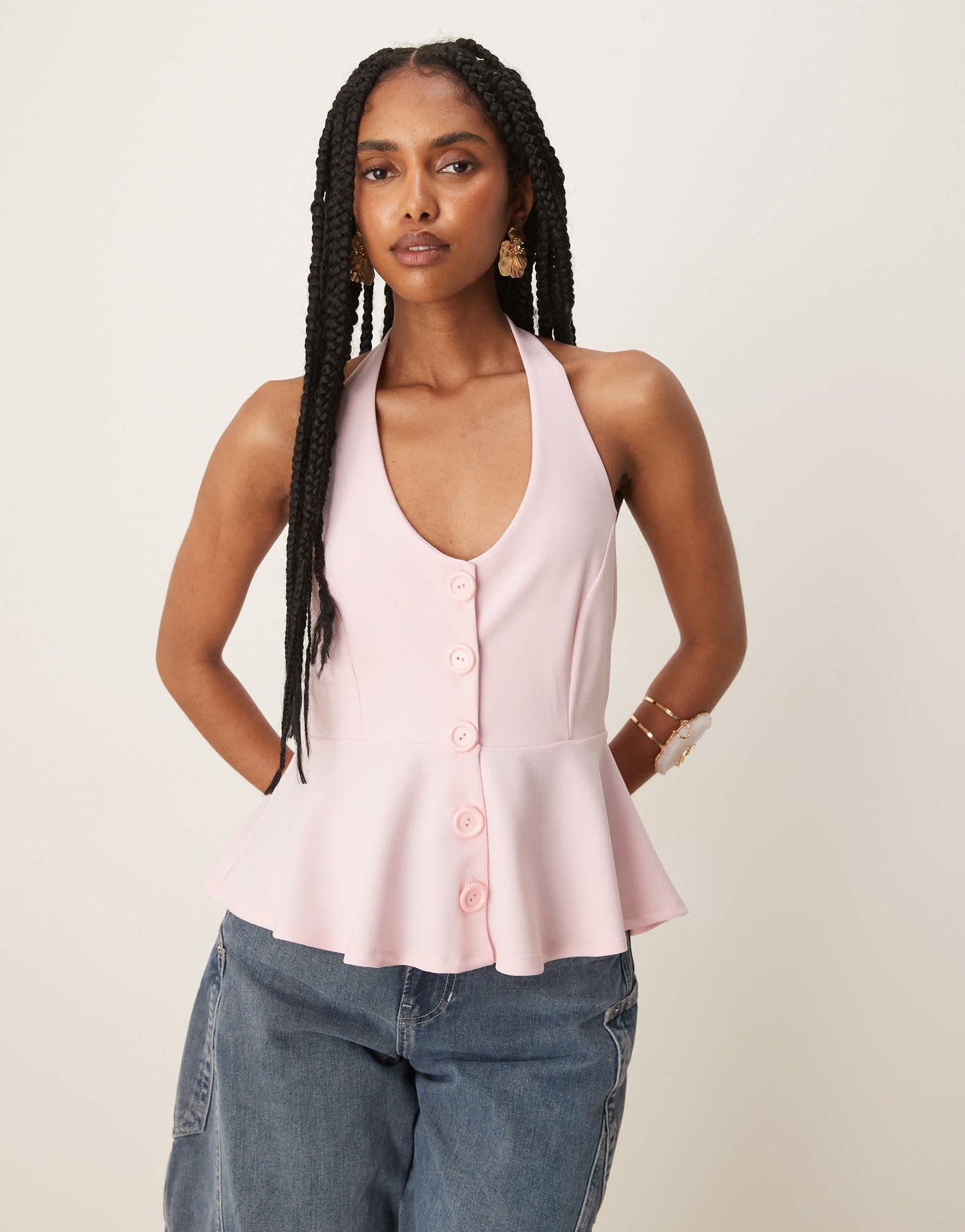 ASOS DESIGN cinched waist halter button through longline waistcoat in baby pink