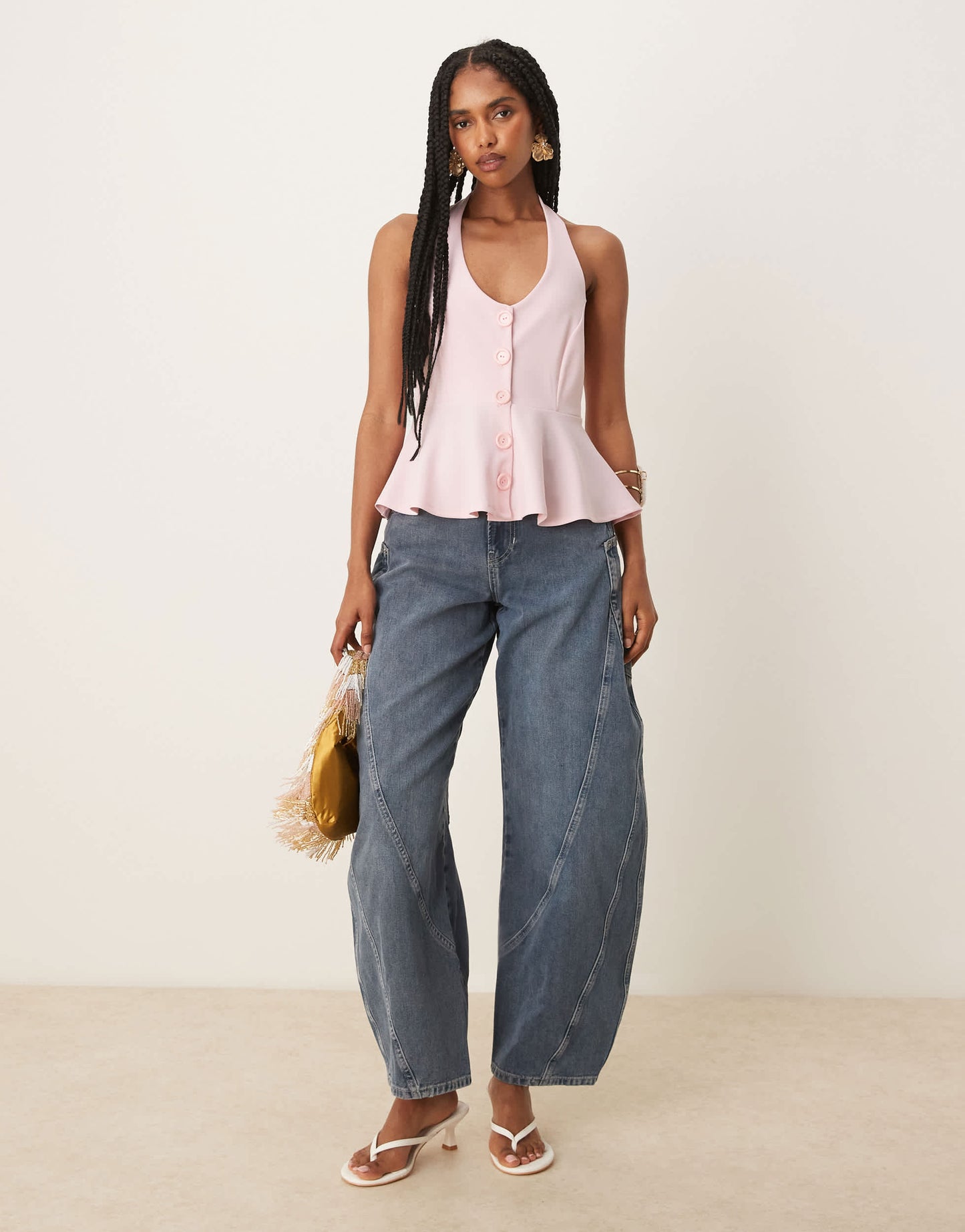ASOS DESIGN cinched waist halter button through longline waistcoat in baby pink