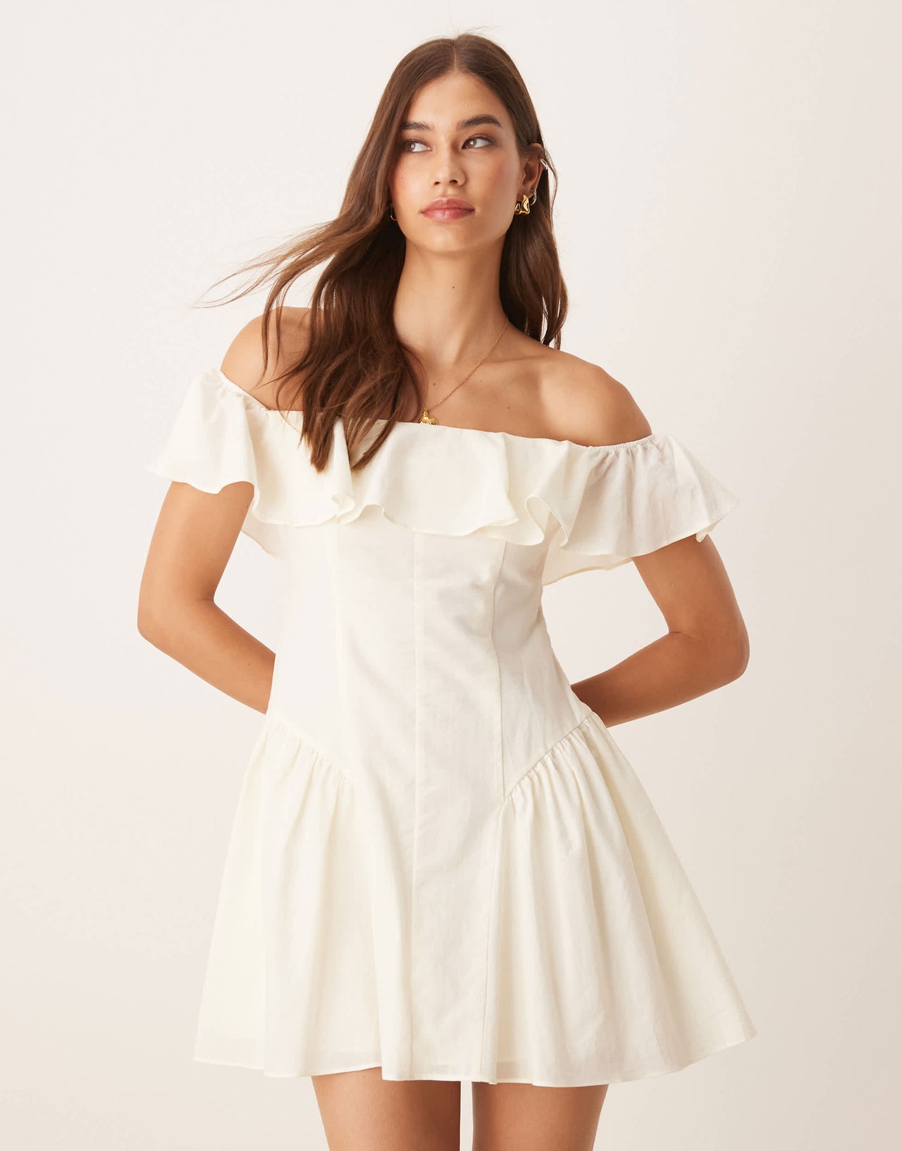 ASOS DESIGN cotton bardot seam detail mini dress in ivory