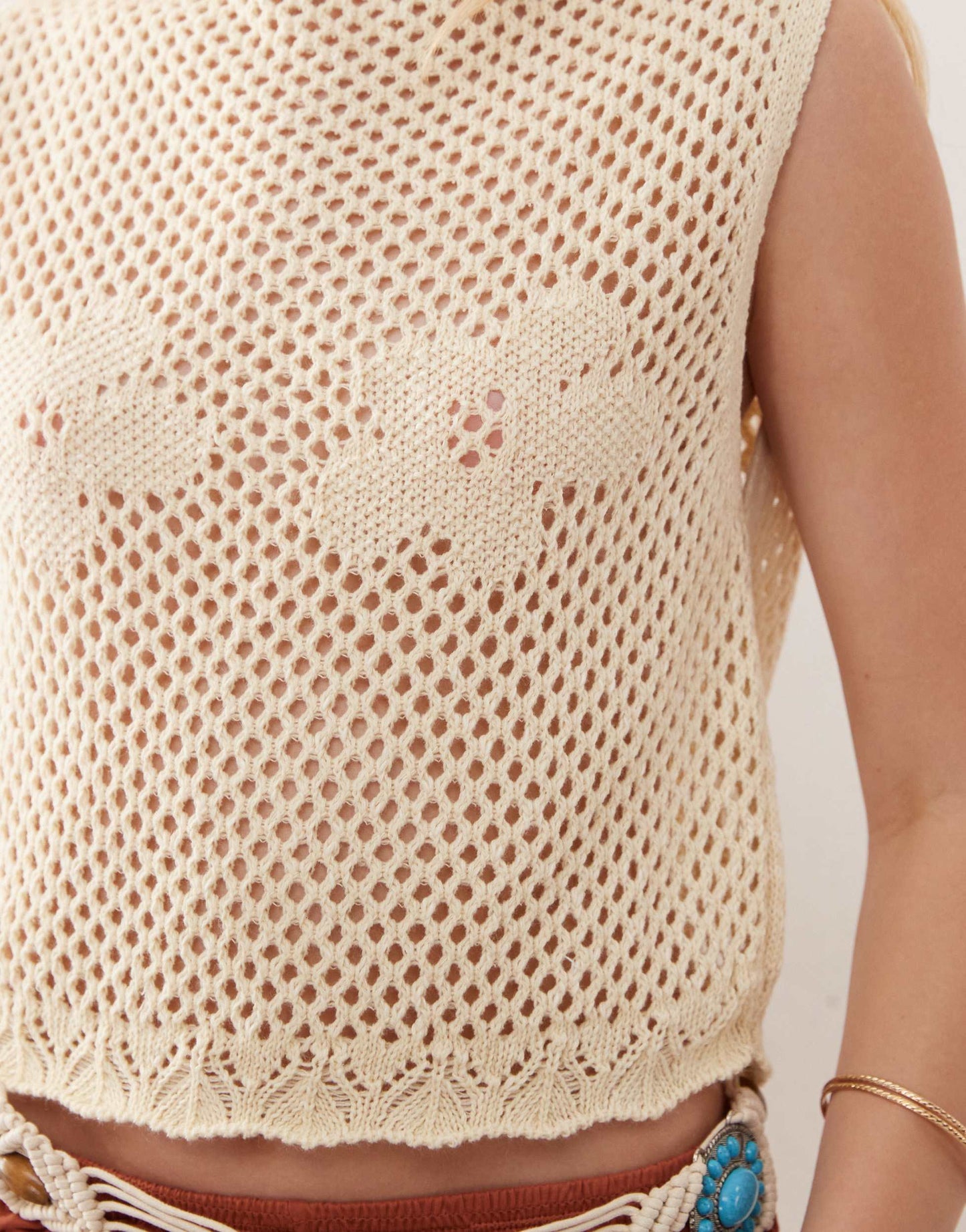 Reclaimed Vintage festival crochet knitted tank with flower detail in cream