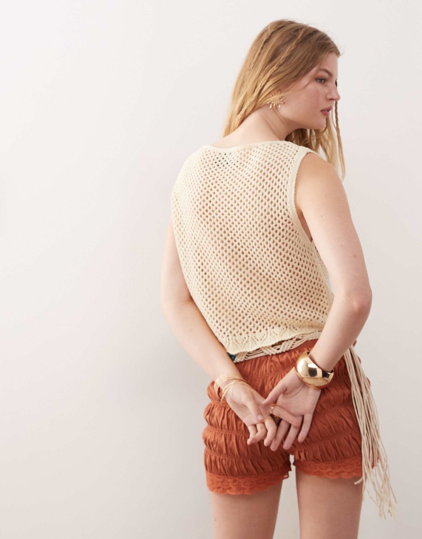 Reclaimed Vintage festival crochet knitted tank with flower detail in cream