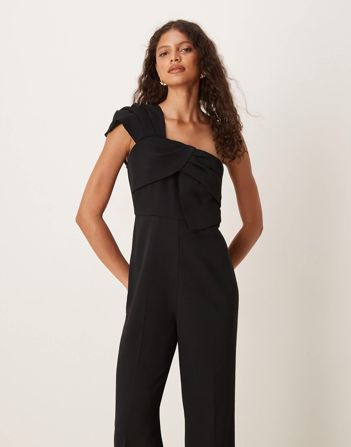 Mango one shoulder bow jumpsuit in black