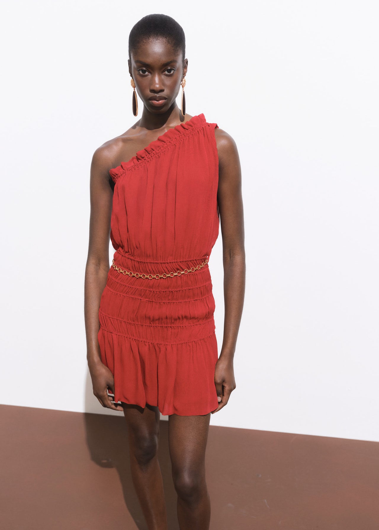 Mango featuring Kaia Gerber ruched one shoulder dress with gold chain belt in dark red