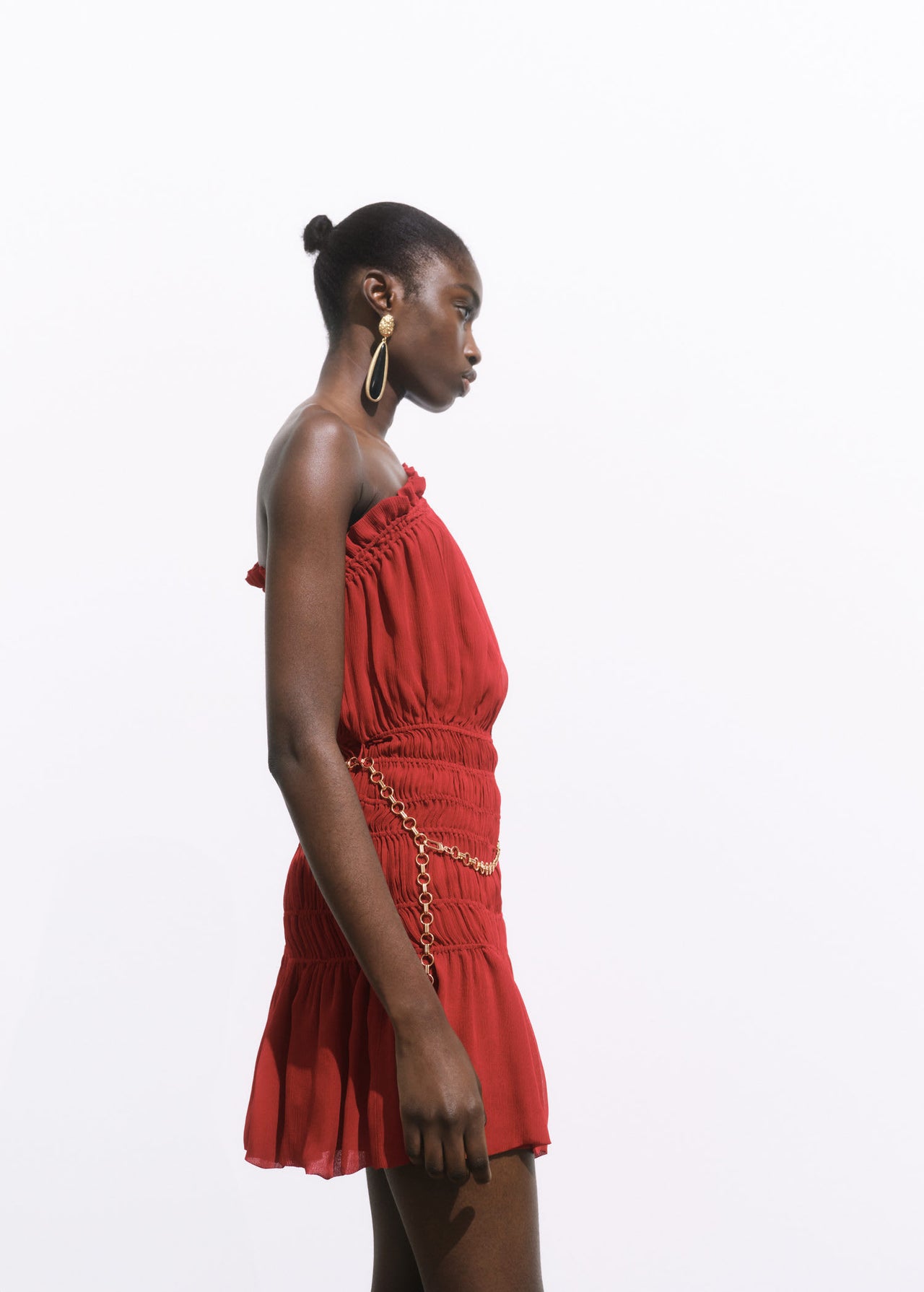 Mango featuring Kaia Gerber ruched one shoulder dress with gold chain belt in dark red