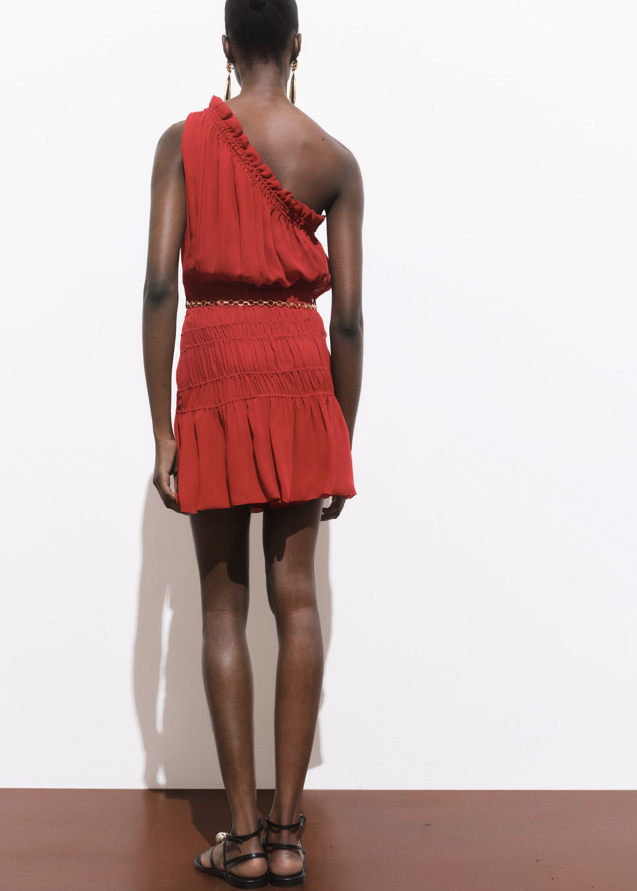Mango featuring Kaia Gerber ruched one shoulder dress with gold chain belt in dark red