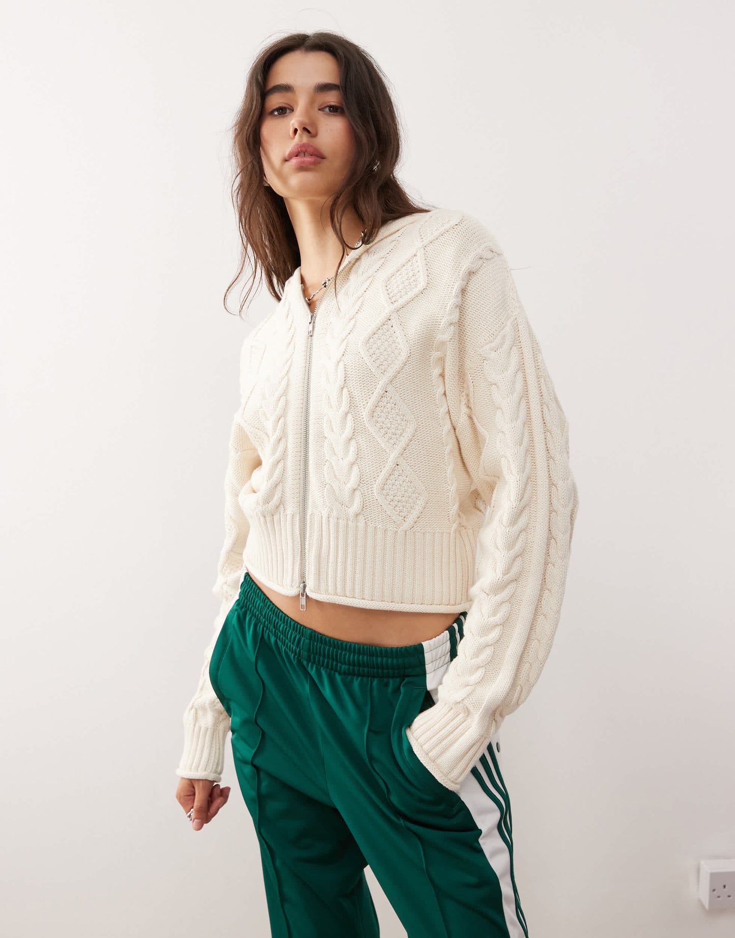 Monki cable knit hooded cardigan with double zip detail in off white