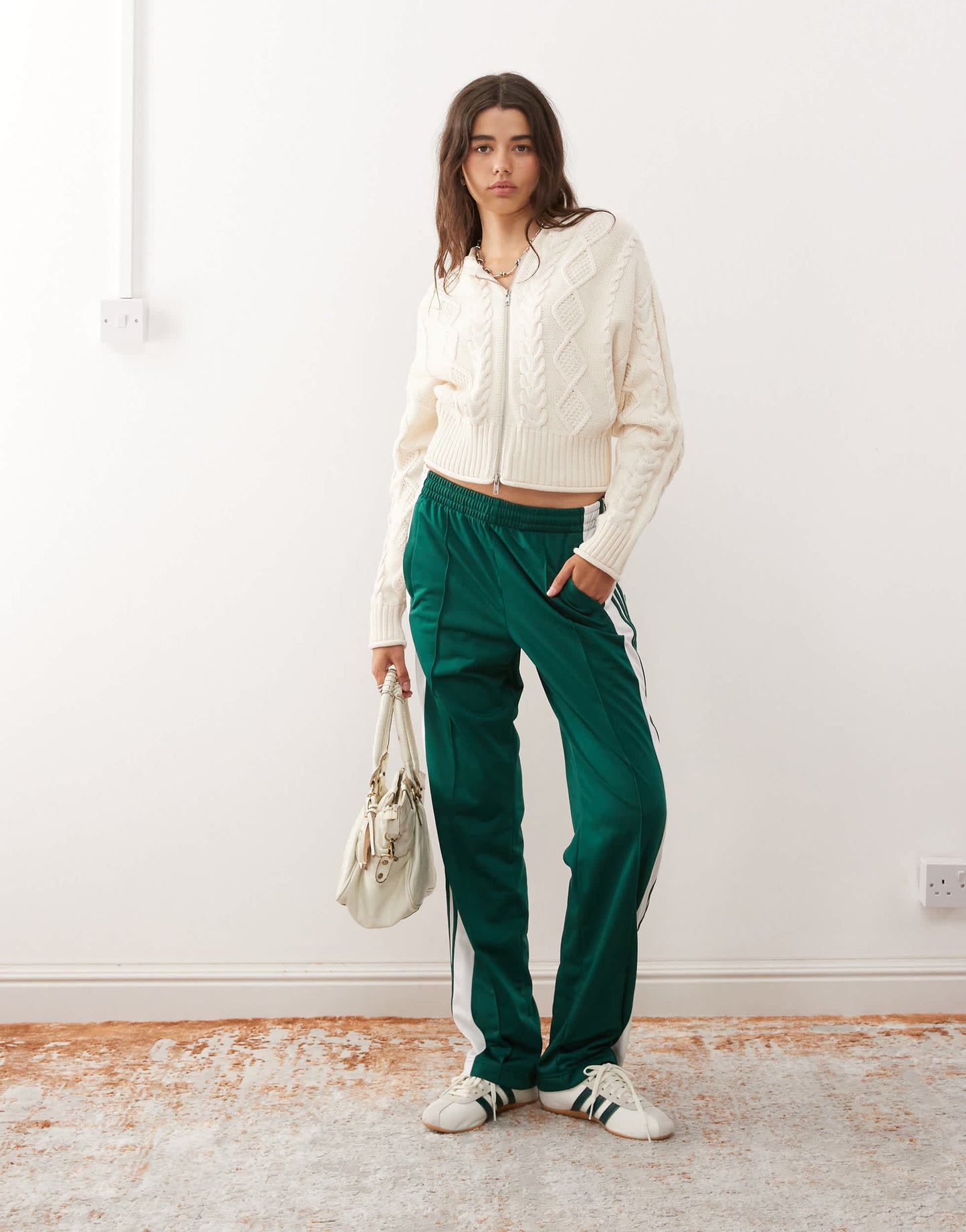 Monki cable knit hooded cardigan with double zip detail in off white