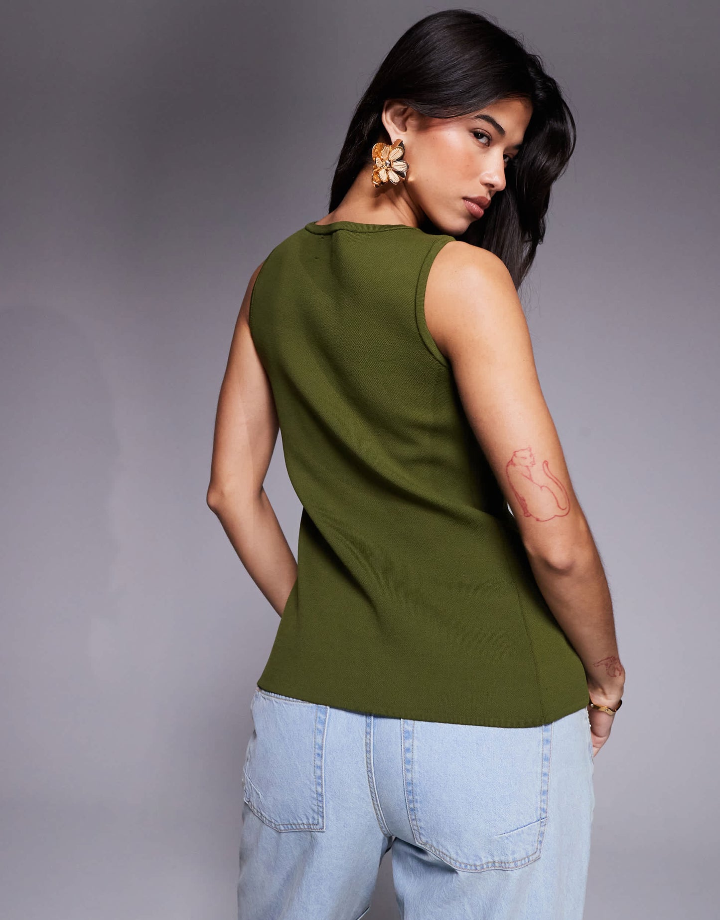 ASOS DESIGN knitted button front waistcoat with flower buttons in olive