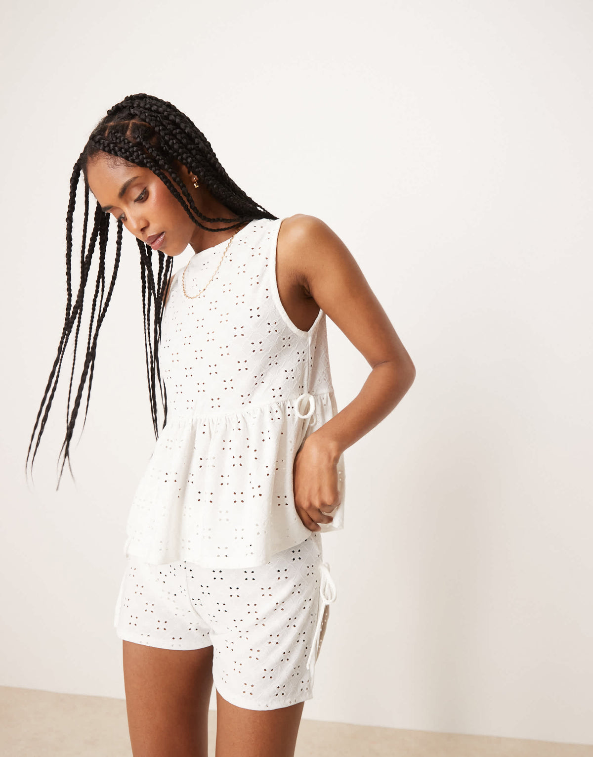 ASOS DESIGN broderie tie side top co-ord in white