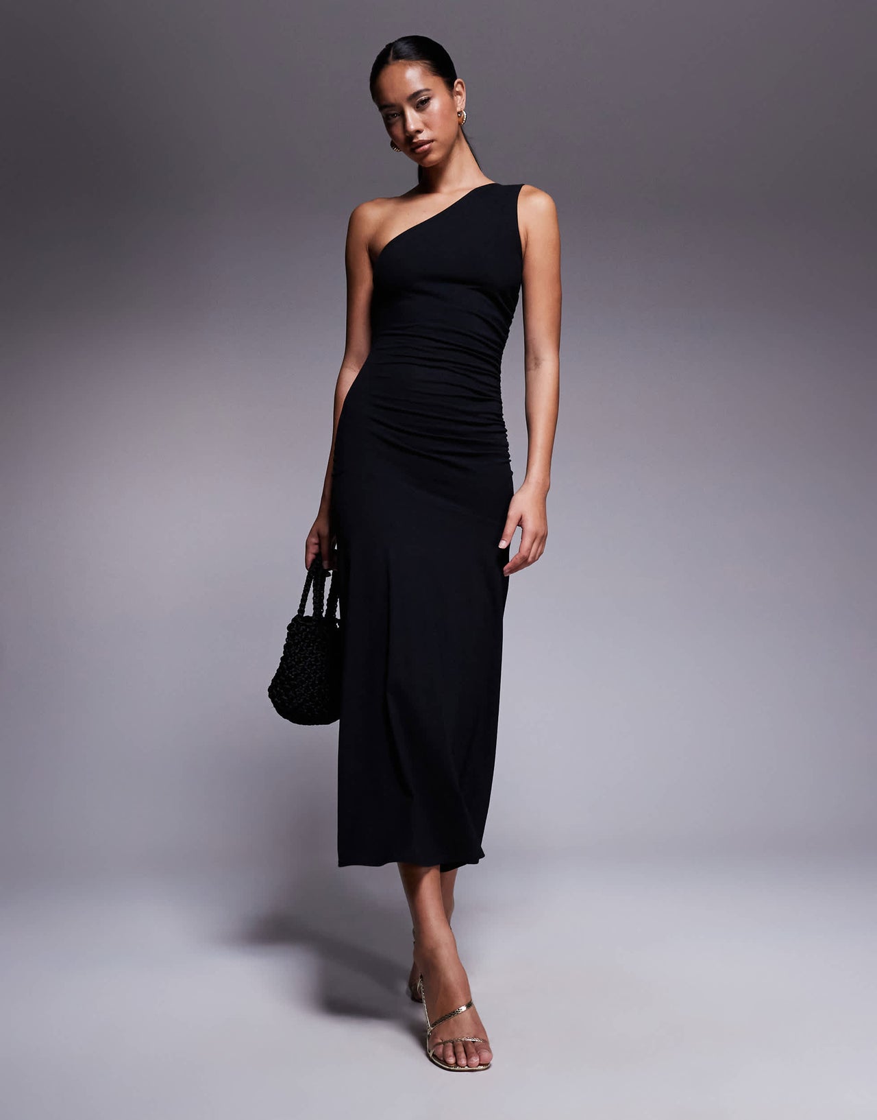 Fashionkilla exclusive cotton one shoulder ruched side maxi dress in black