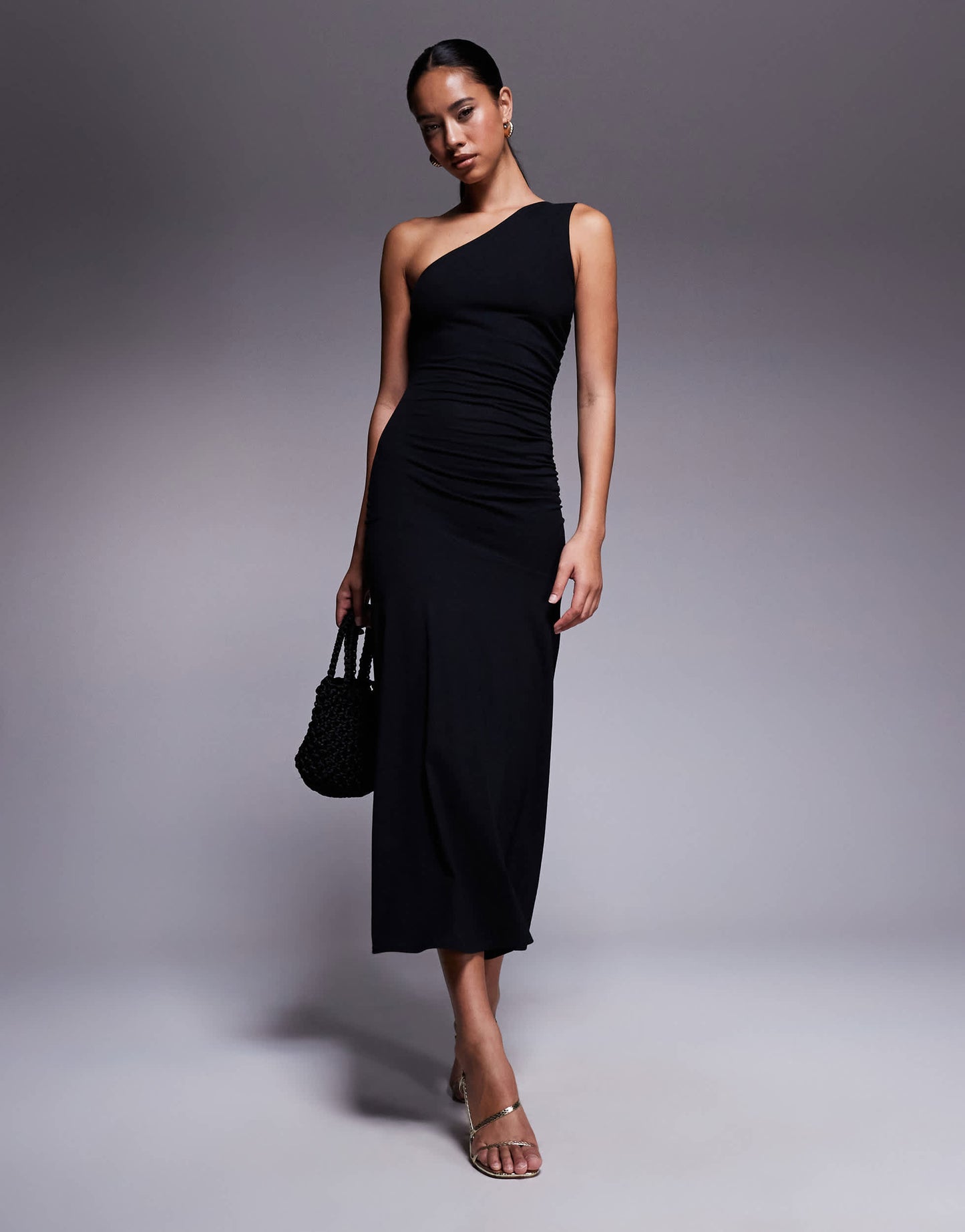 Fashionkilla exclusive cotton one shoulder ruched side maxi dress in black