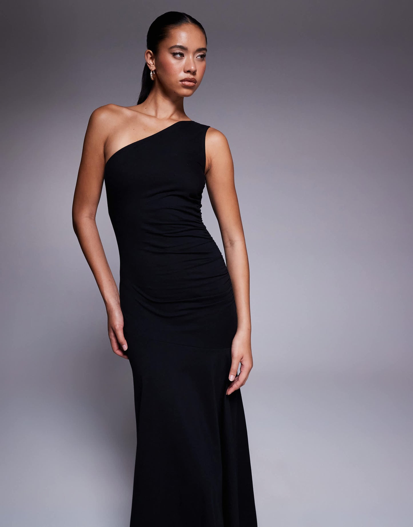 Fashionkilla exclusive cotton one shoulder ruched side maxi dress in black