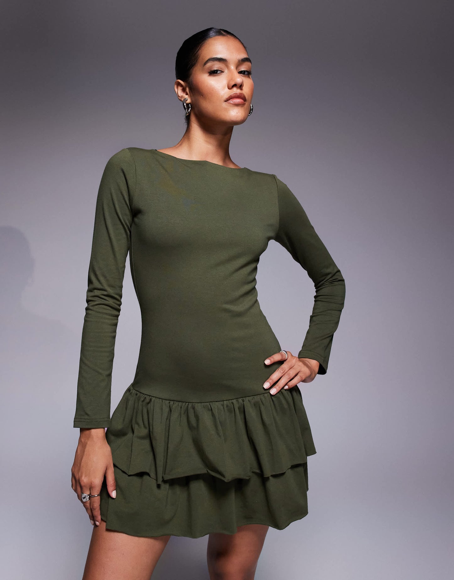 Fashionkilla exclusive cotton long sleeve drop waist ruffle hem mini dress in khaki