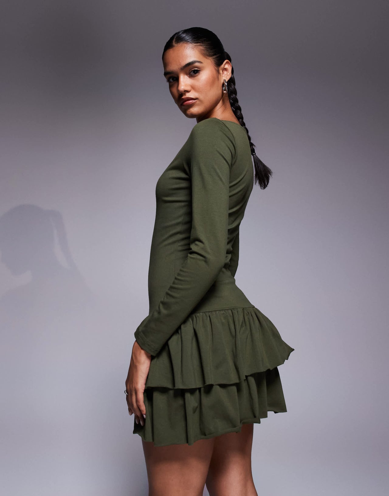 Fashionkilla exclusive cotton long sleeve drop waist ruffle hem mini dress in khaki
