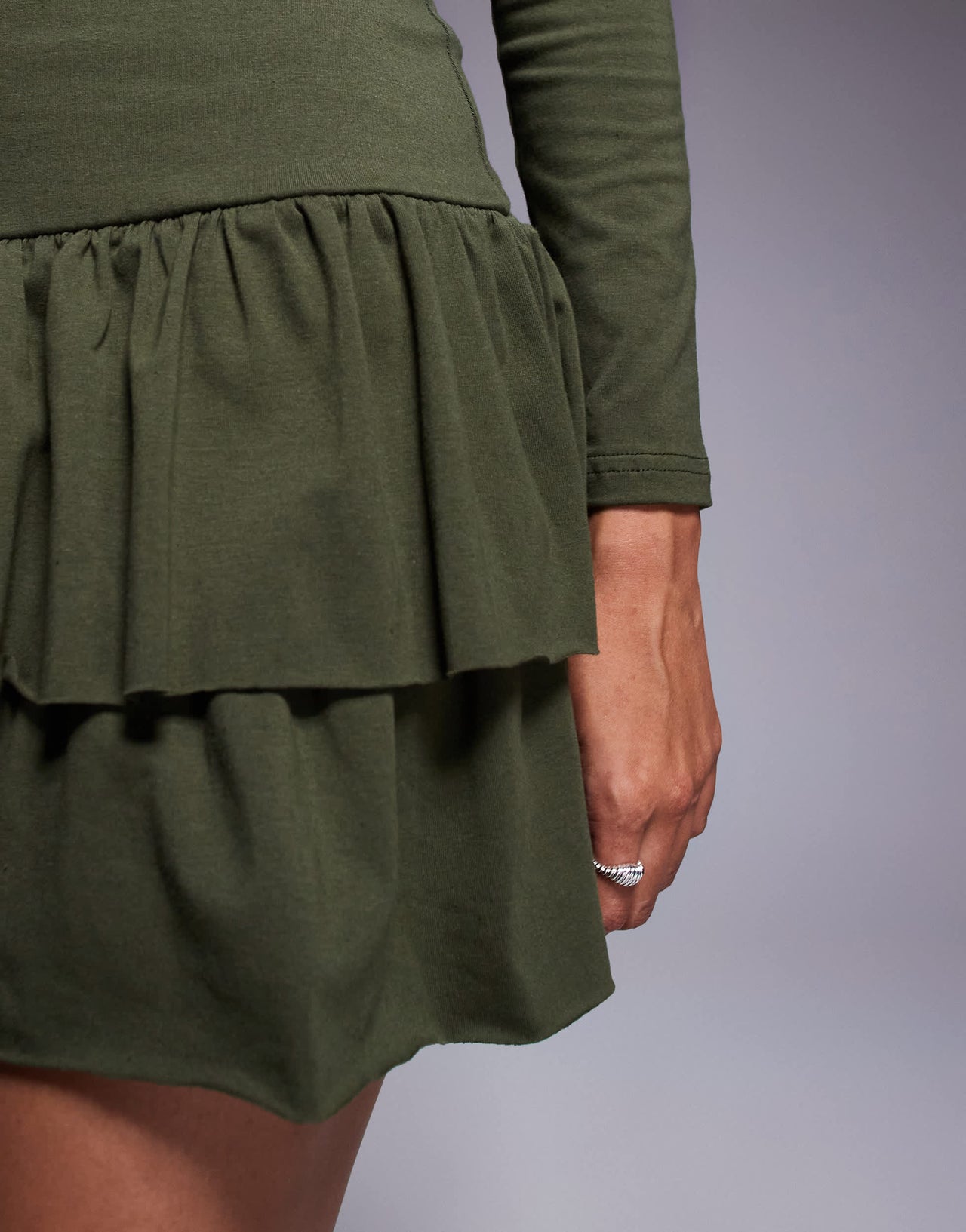 Fashionkilla exclusive cotton long sleeve drop waist ruffle hem mini dress in khaki