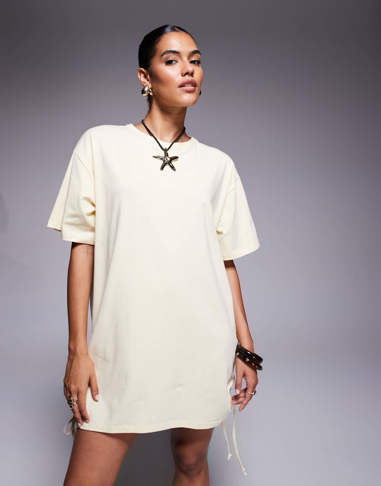 Fashionkilla exclusive cotton ruched tie side mini t-shirt dress in yellow
