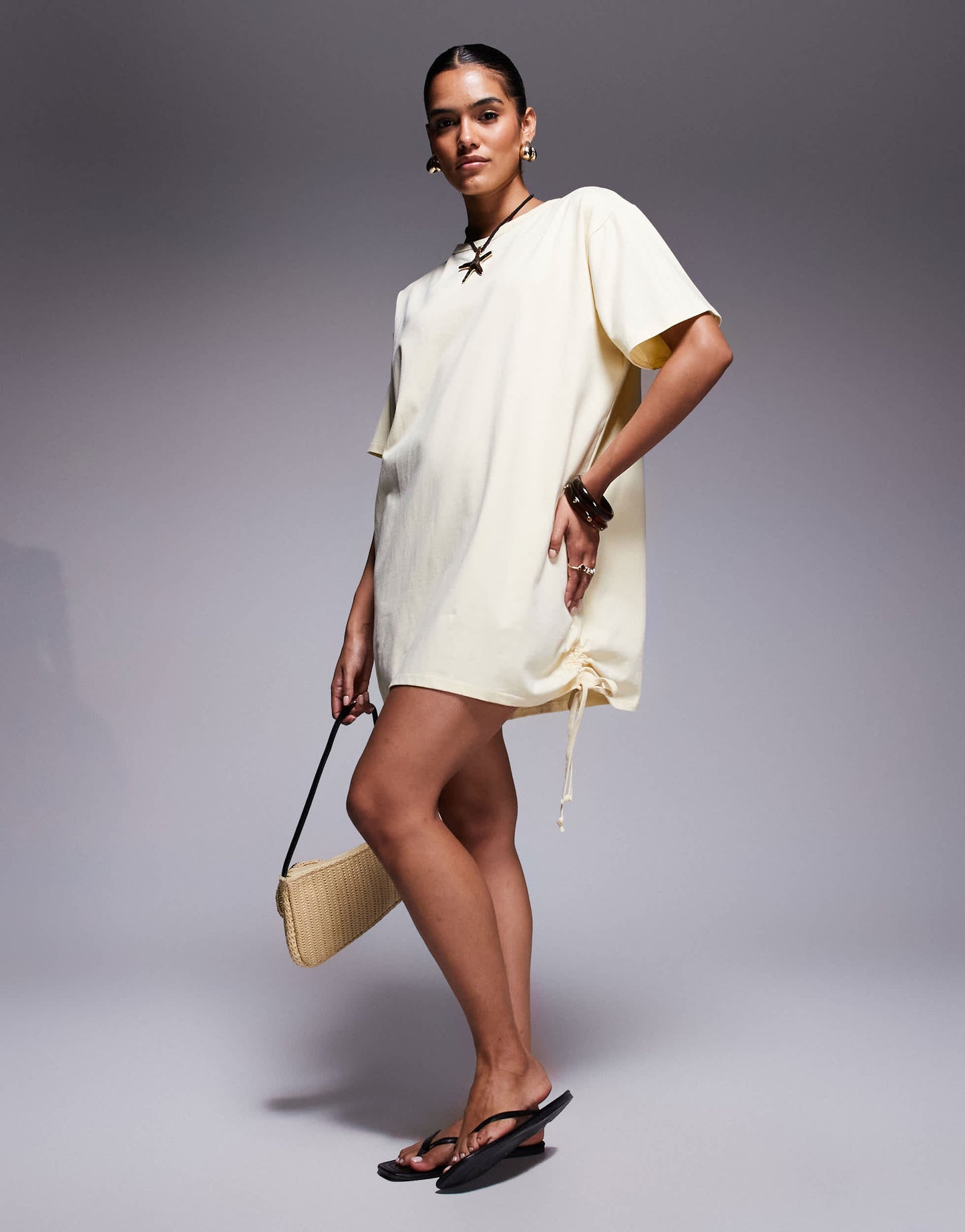 Fashionkilla exclusive cotton ruched tie side mini t-shirt dress in yellow