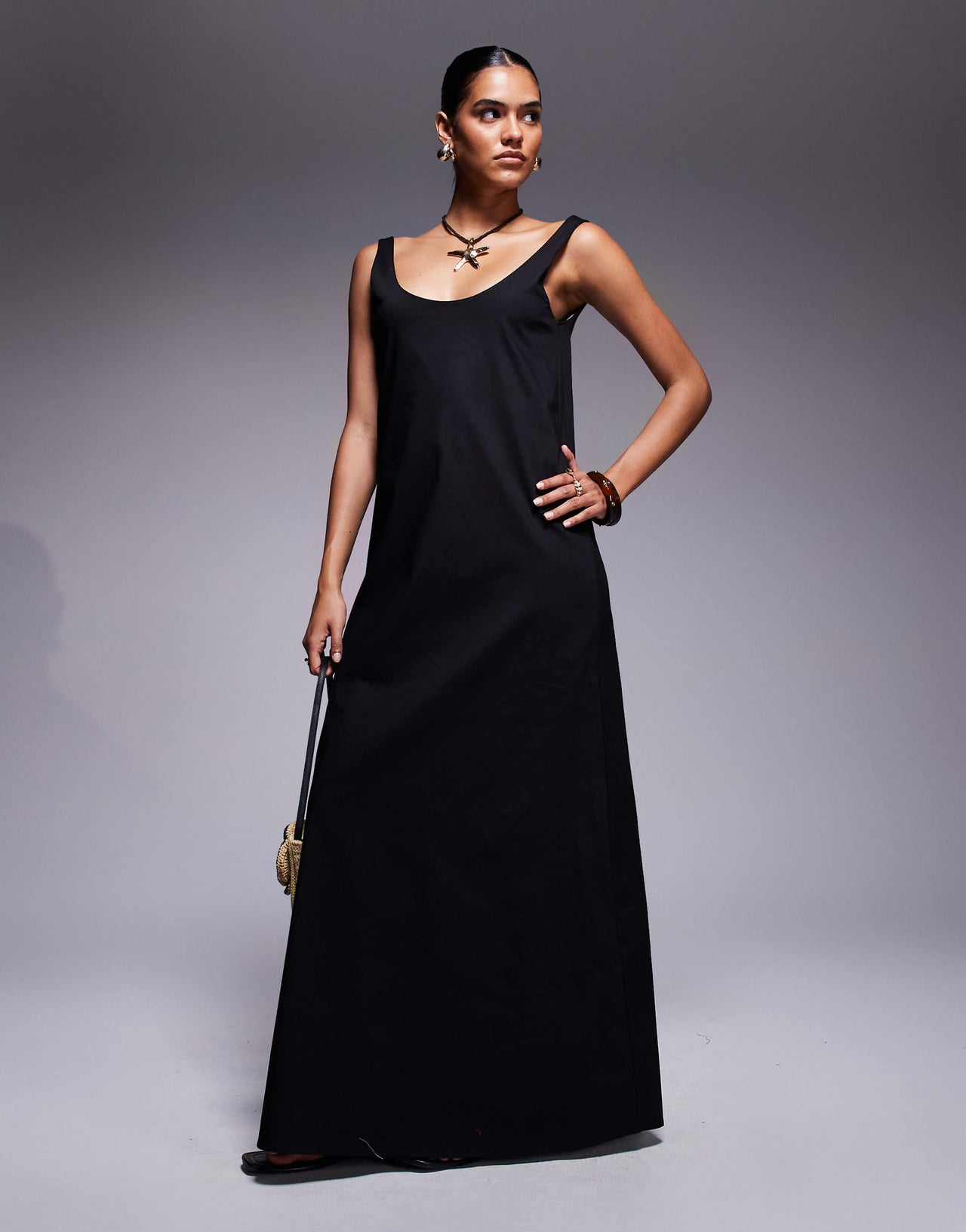 Fashionkilla exclusive poplin scoop neck trapeze maxi dress in black
