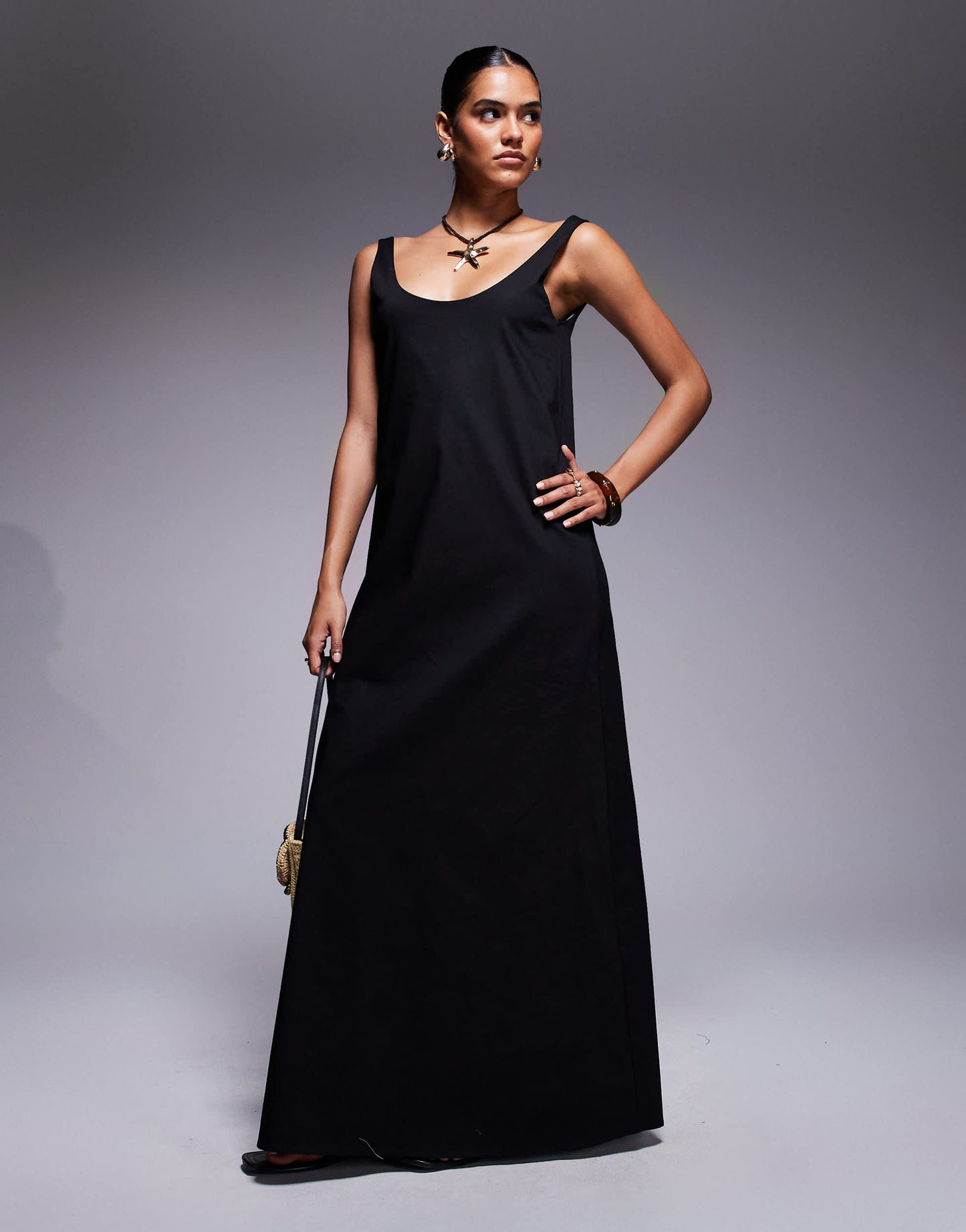 Fashionkilla exclusive poplin scoop neck trapeze maxi dress in black