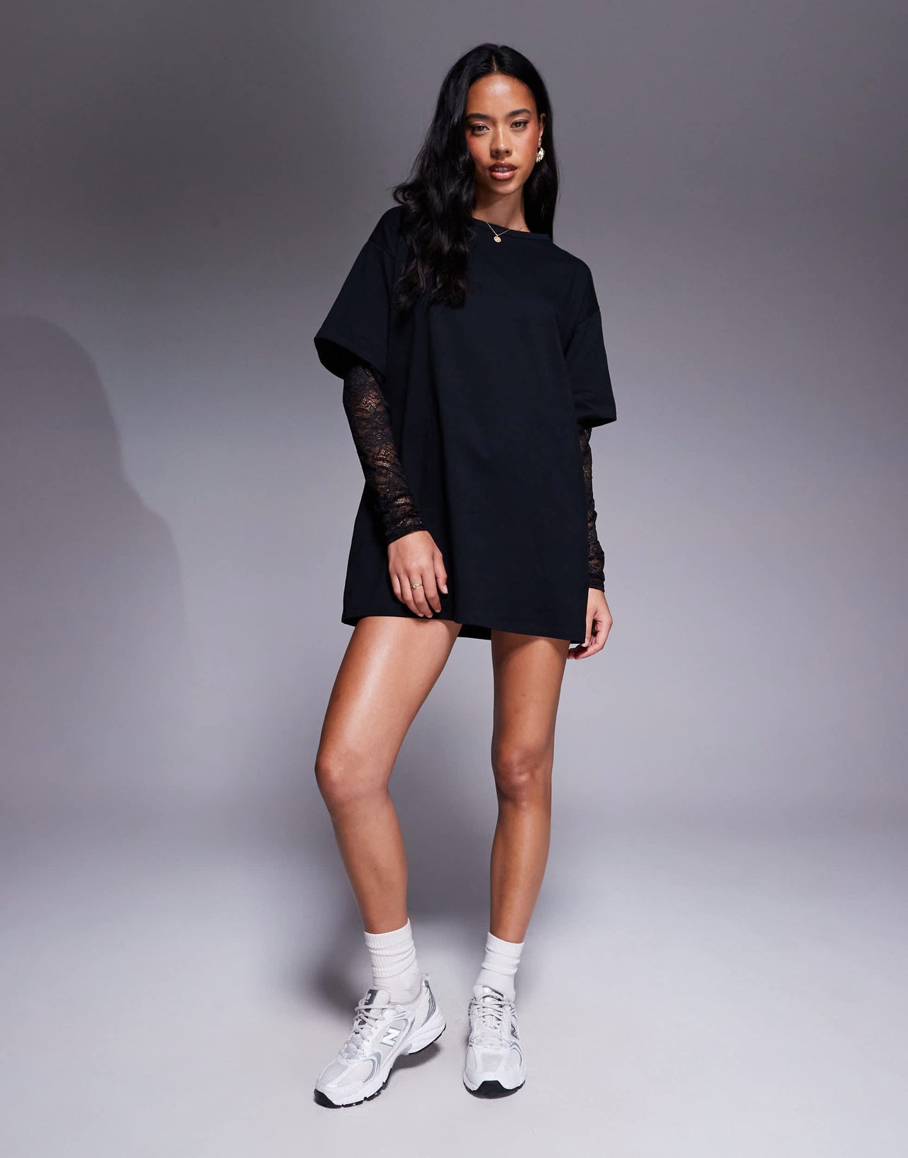 Fashionkilla exclusive cotton lace sleeve mini t-shirt dress in black