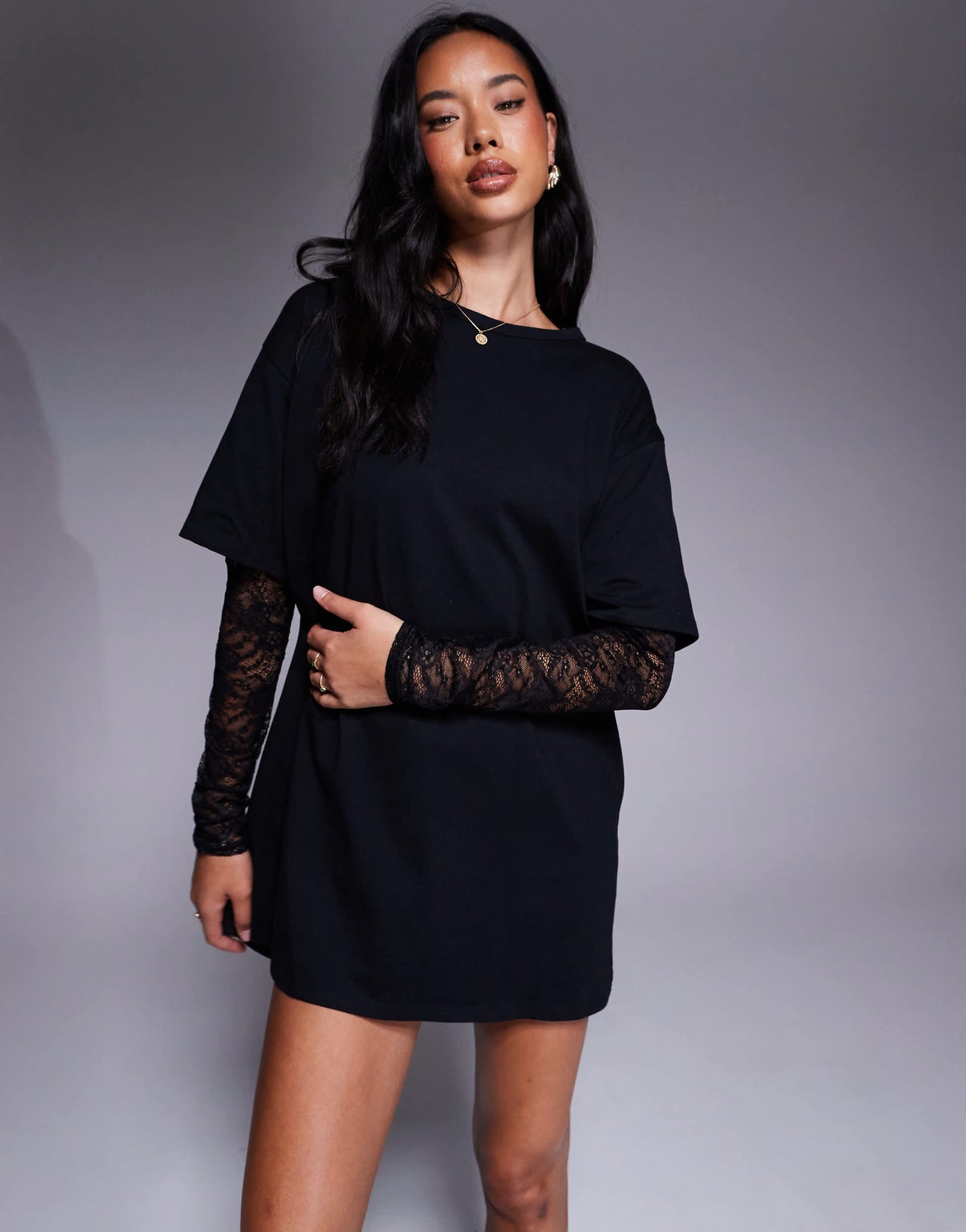 Fashionkilla exclusive cotton lace sleeve mini t-shirt dress in black