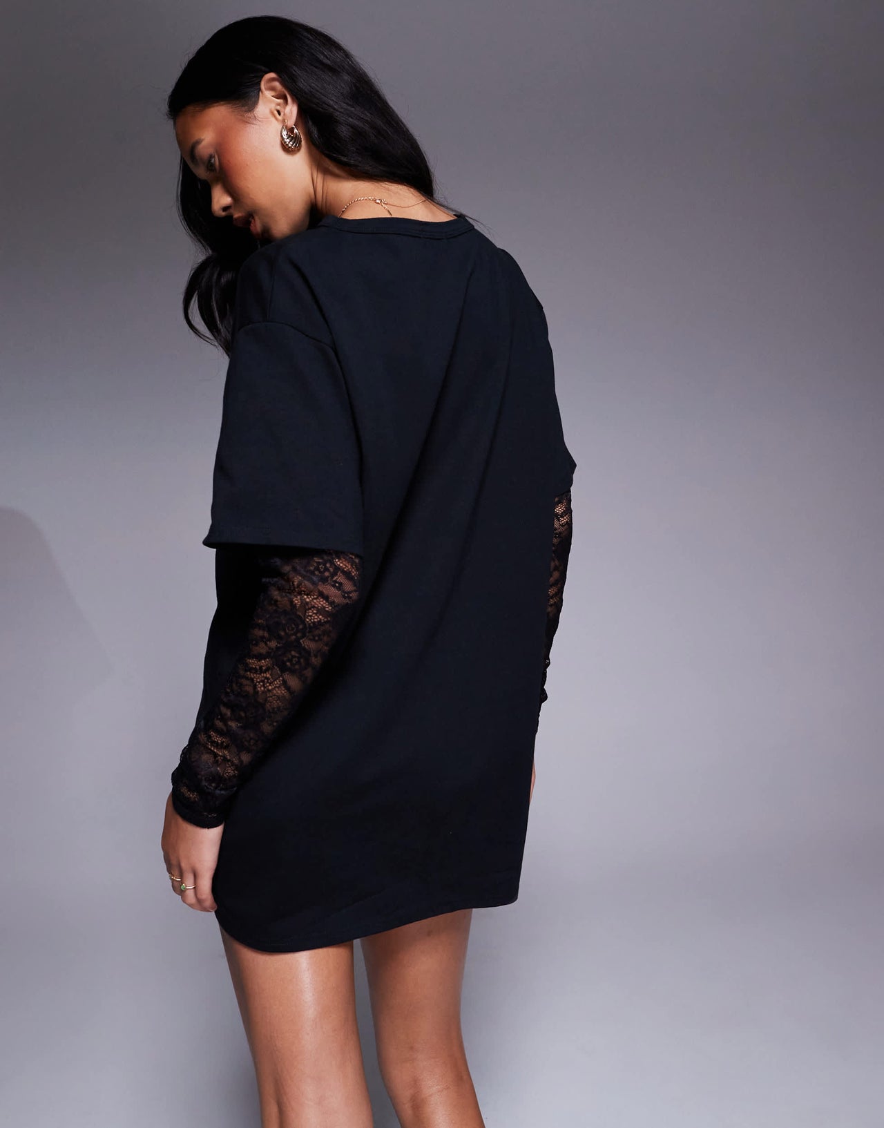 Fashionkilla exclusive cotton lace sleeve mini t-shirt dress in black