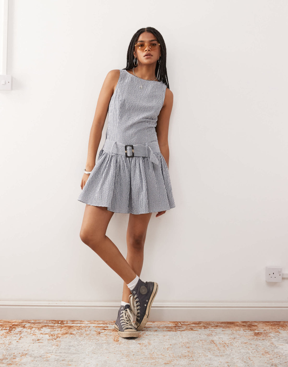 COLLUSION drop waist textured mini dress with belt in blue